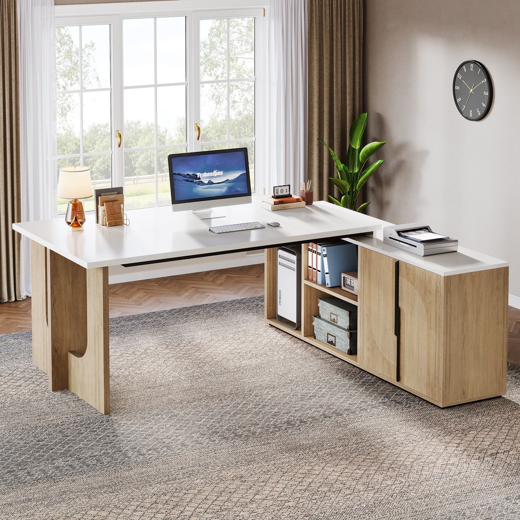 188 cm Executive Desk, L-Shaped Computer Desk Office Desk with Cabinet