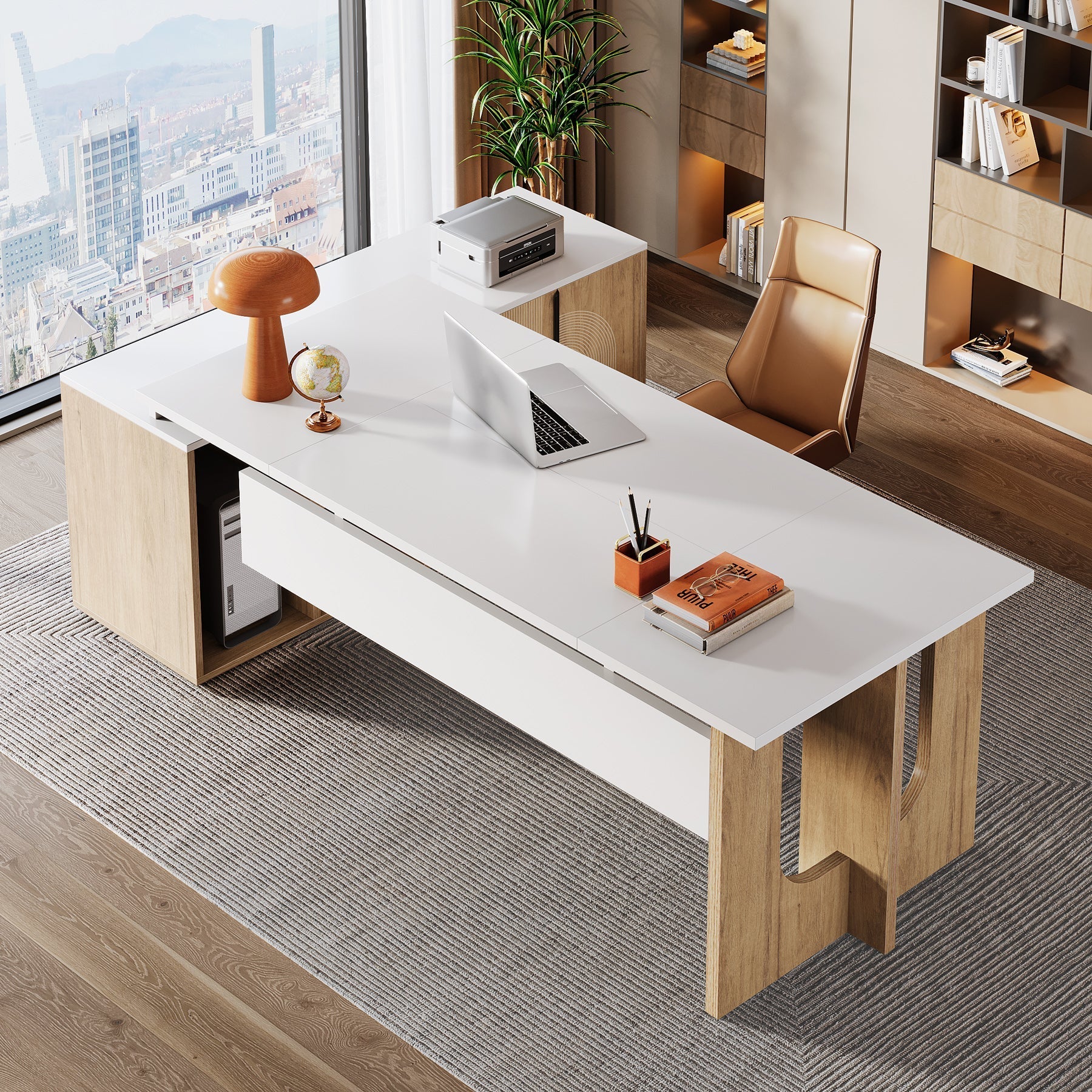 188 cm Executive Desk, L-Shaped Computer Desk Office Desk with Cabinet