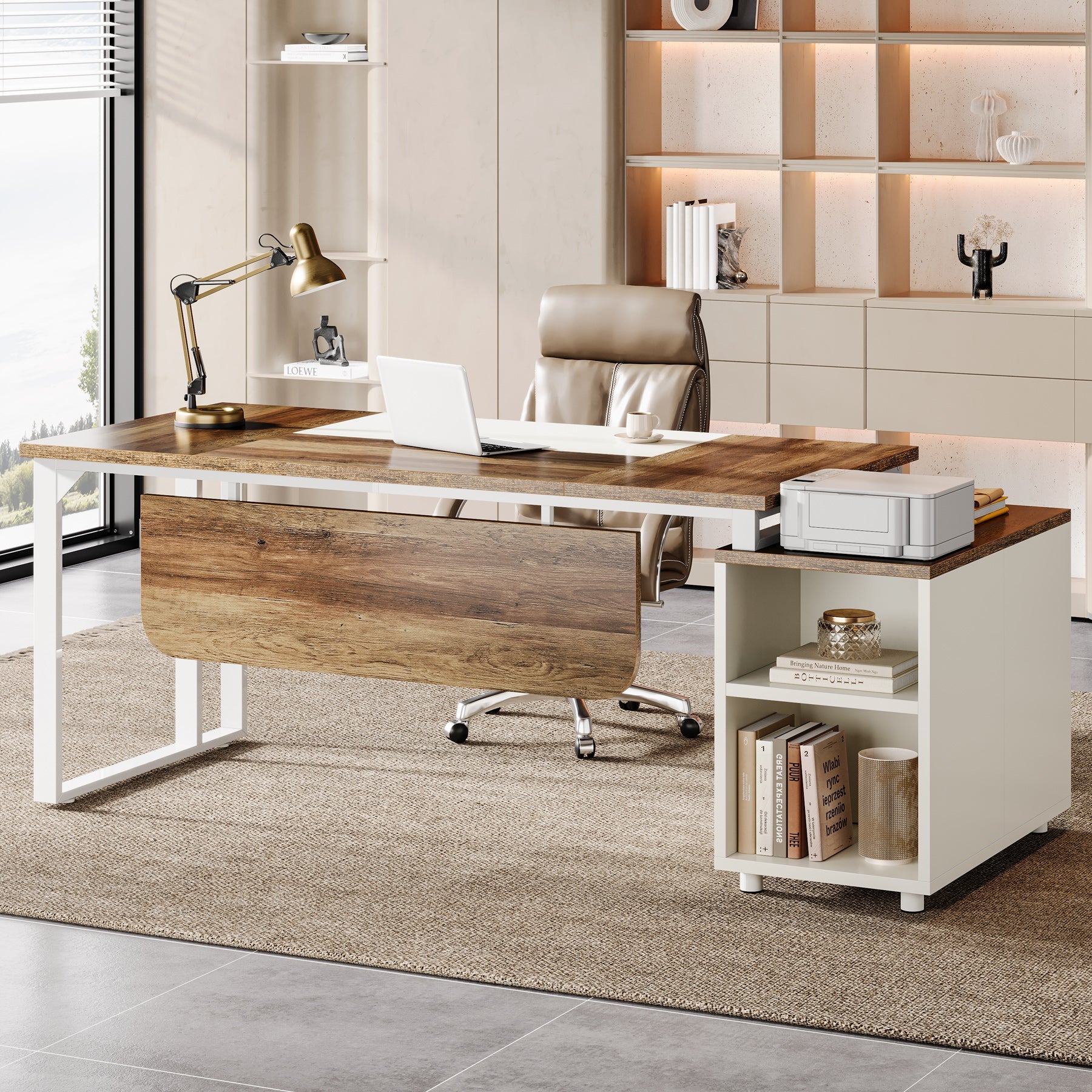 188 cm Executive Desk, Modern Computer Desk with 3 Drawer File Cabinet