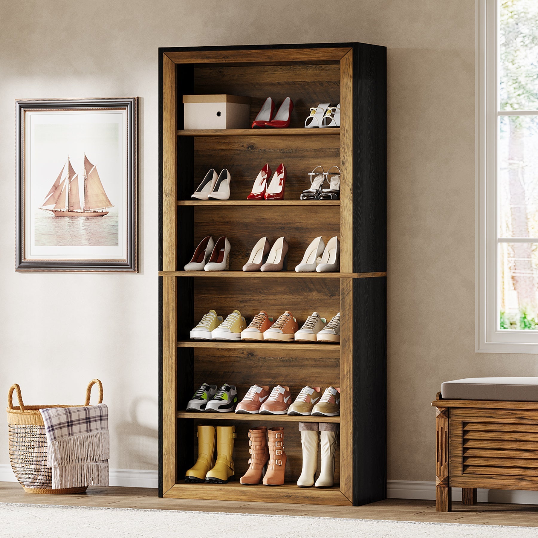 188 cm Shoe Cabinet, 6-Tier Wood Freestanding Shoe Storage Cabinet