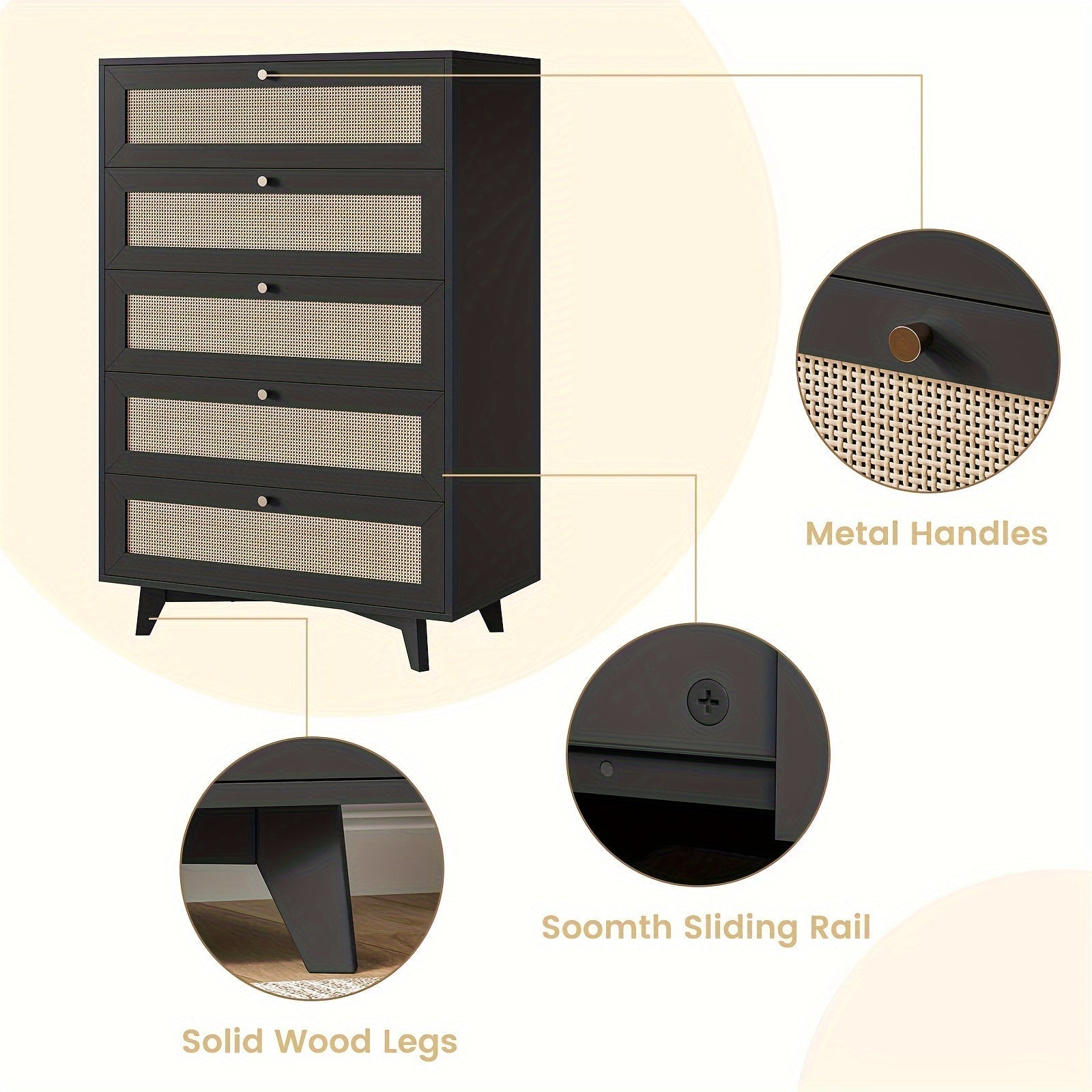 5 Drawer Dresser, Modern Rattan Chest Of Drawers With Metal Handle, Nature/Black