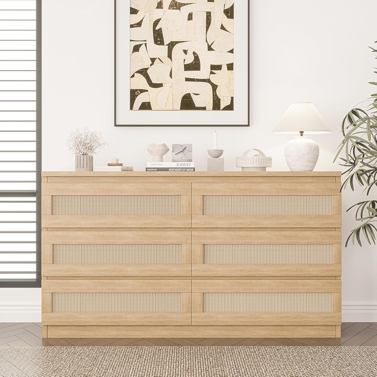 Rattan Dresser for Bedroom, 6 Drawer Double Dresser for Bedroom with Smooth Mental Slide, Modern Wood Chest of Drawers for Bedroom, Living Room, Hallway, Natural