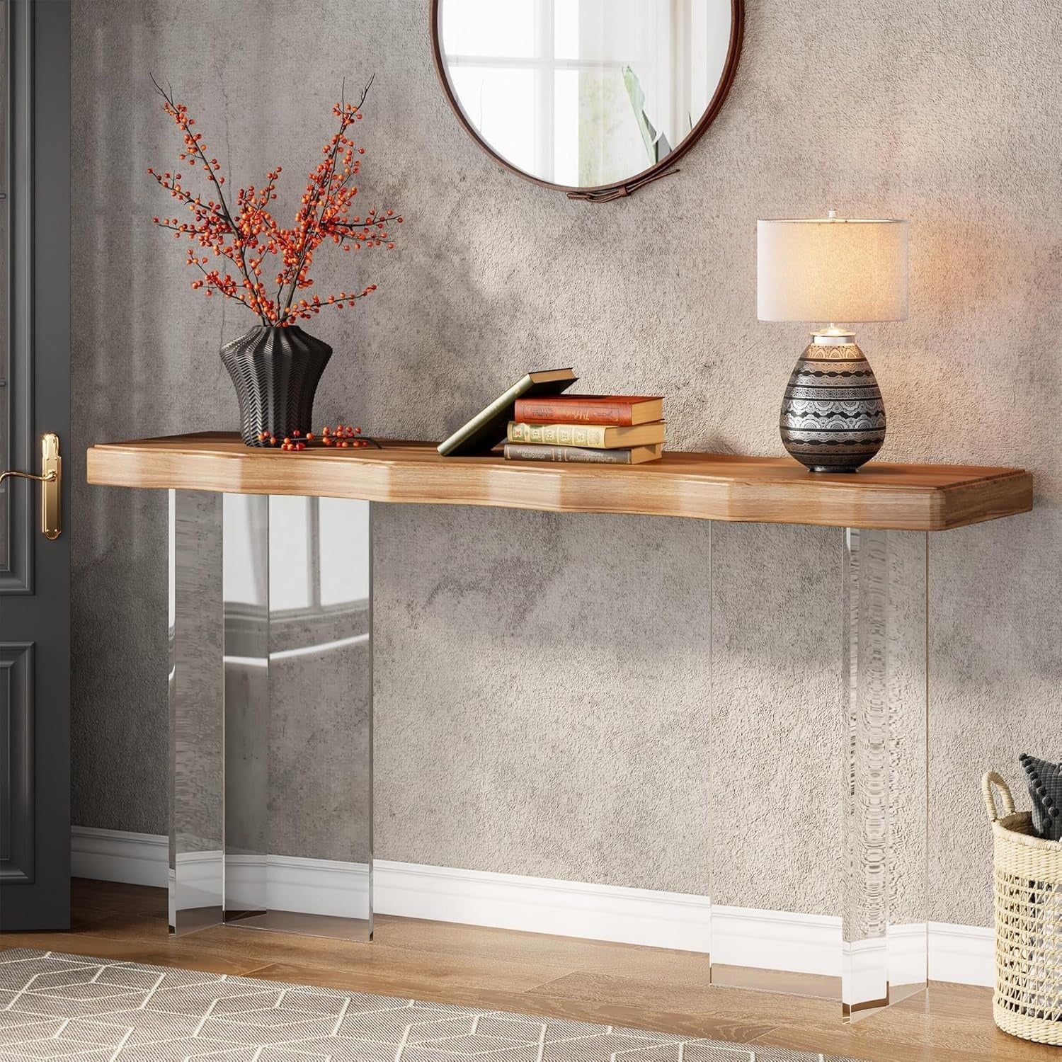 Elegant 119.4 cm Console Table with Acrylic Legs - Waterproof, Easy-Clean Engineered Wood Top for Entryway, Living Room, or Hallway Decor, Box, Cabinet, Rack for Outdoor Storage