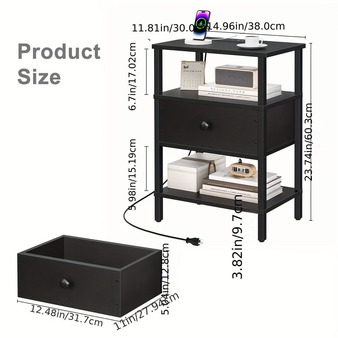 Charging Station And USB Ports, 3-Tier Storage End Table With Drawer Shelf, Night Stand For Small Spaces, Wood Bedside Table For Living Room, Bedroom - Classic Black