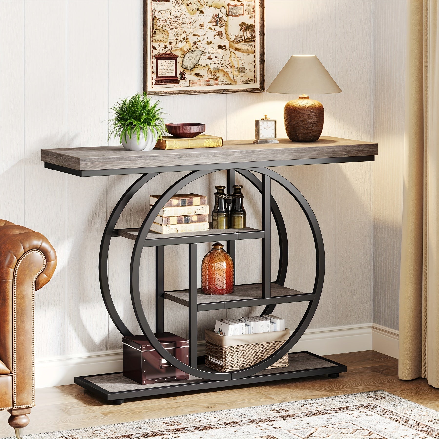 105 cm Console Table, Industrial 4-Tier Sofa Table for Living Room, Wood Entryway Hallway Foyer Table with Black Metal Circle Base, Narrow Gray Accent Table with Storage Shelves