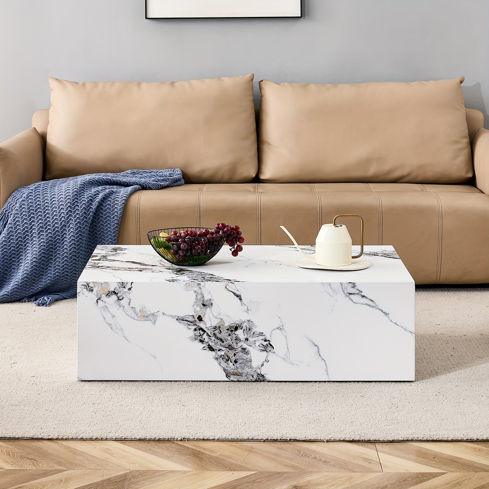 102cm Modern Coffee Table With Marble Pattern, Tea Table With Stylish And Durable Design For Living Room, Dining Room And Bedroom (White).