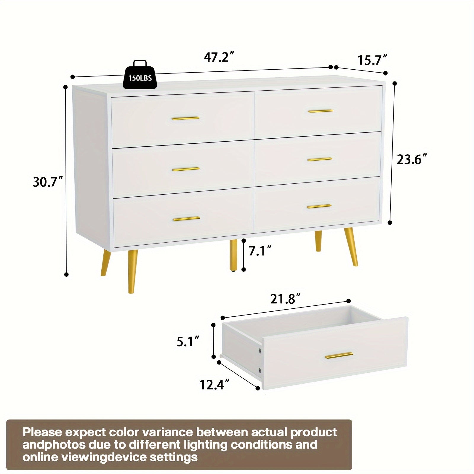 6-Drawer Dresser, Modern Wooden Chest with Wide Drawers, Golden Metal Handles, Ample Storage, ≥3.2 Cubic Feet Capacity, ≥27" Height, with No Electricity Required, for Bedroom, Hallway, Entryway, Storage Drawer U