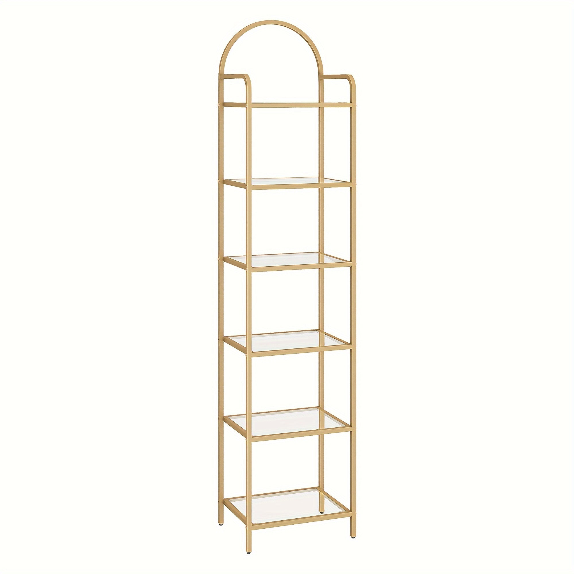 Bookcase Bookshelf, Tempered Glass Bookshelves, Slim Shelving Unit for Bedroom, Bathroom, Home Office, Steel Frame, 6 Tier Golden