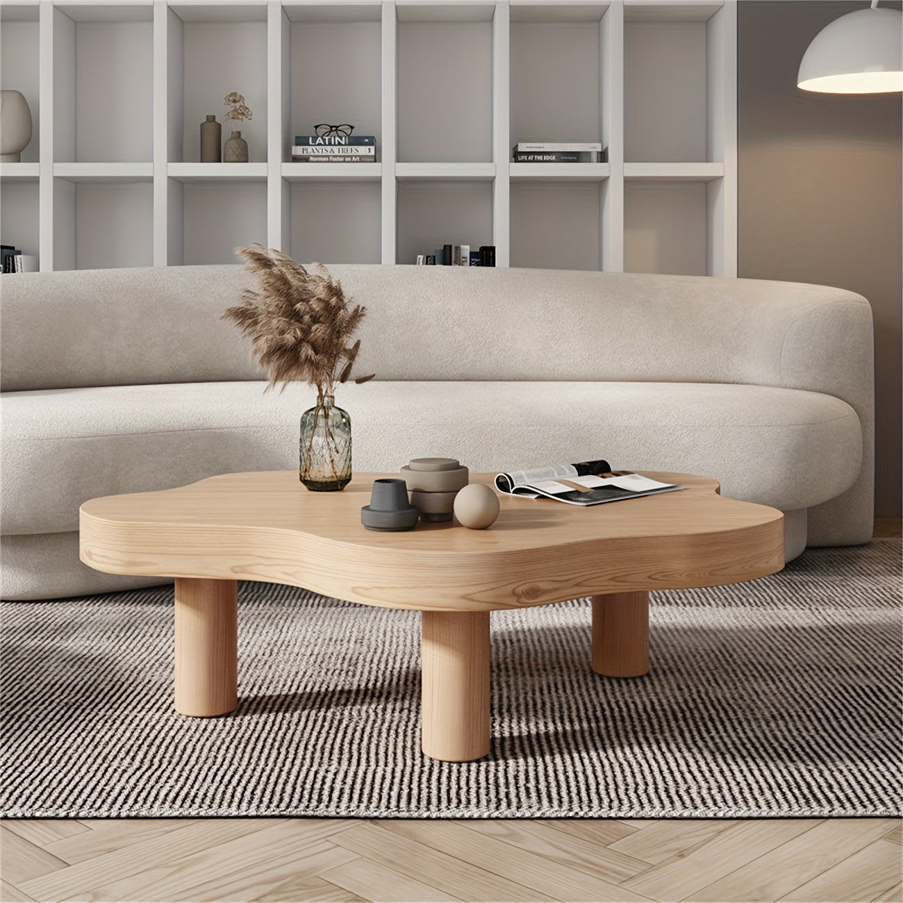 Cloud Shape Irregular Wood Coffee Table, Round Corner Thicken End Table, Cute Accent Modern Coffee Cocktail Table with 3 Legs for Living Room Furniture