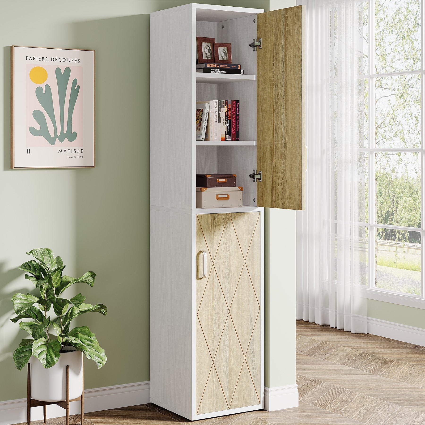 190 cm Wood Storage Cabinet, Free-Standing Cube Cabinet with 6 Shelves