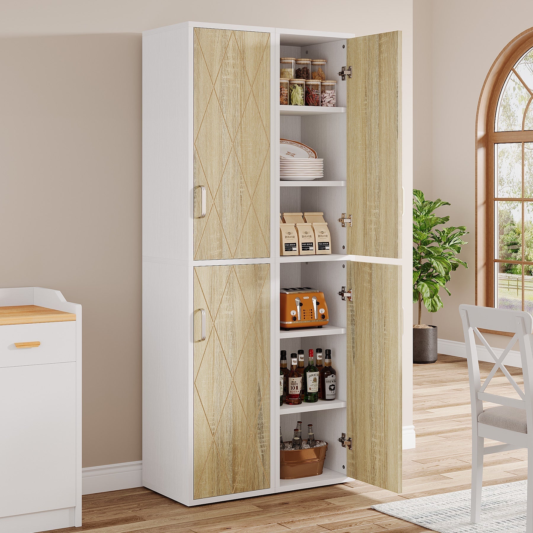 190 cm Wood Storage Cabinet, Free-Standing Cube Cabinet with 6 Shelves