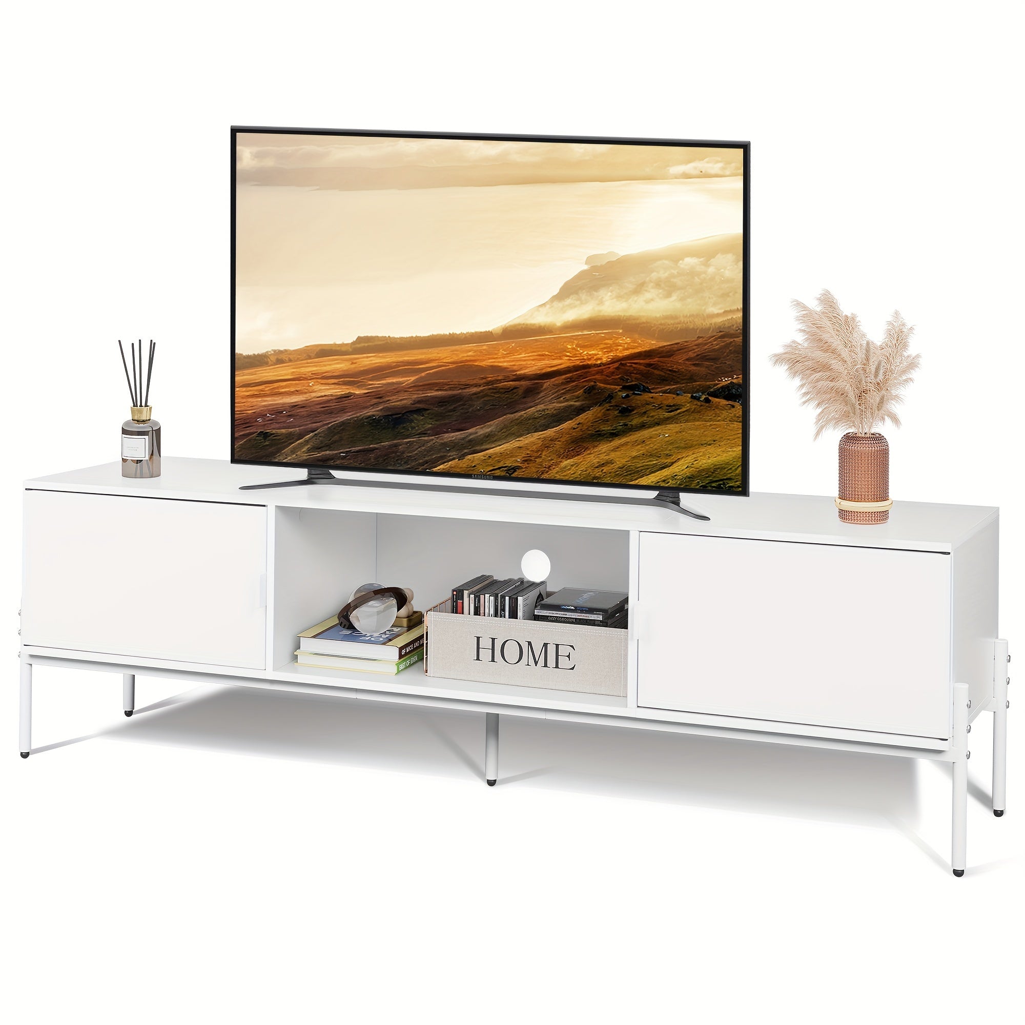 Modern TV Stand For 165cm TV, Mid Century Entertainment Center With Storage, TV Console With Open Shelf And 2 Cabinets For Bedroom And Living Room, TV Cabinet With Metal Legs