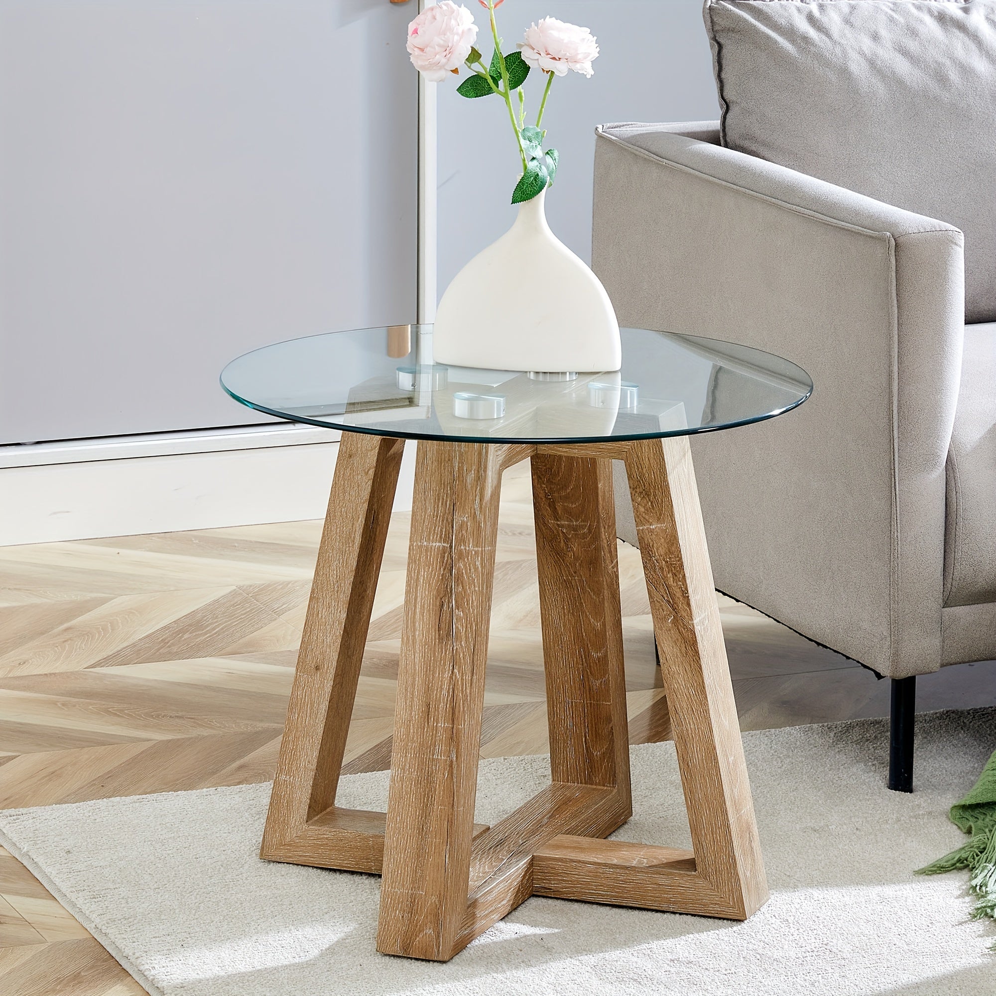 56cm Tempered Glass Small End Table, Minimalist Round Side Table, Mid-Century Modern End Side Table for Living Room Bedroom Small Spaces Office, with wood-coloured Legs, furniture for home clearance, home decor, lo