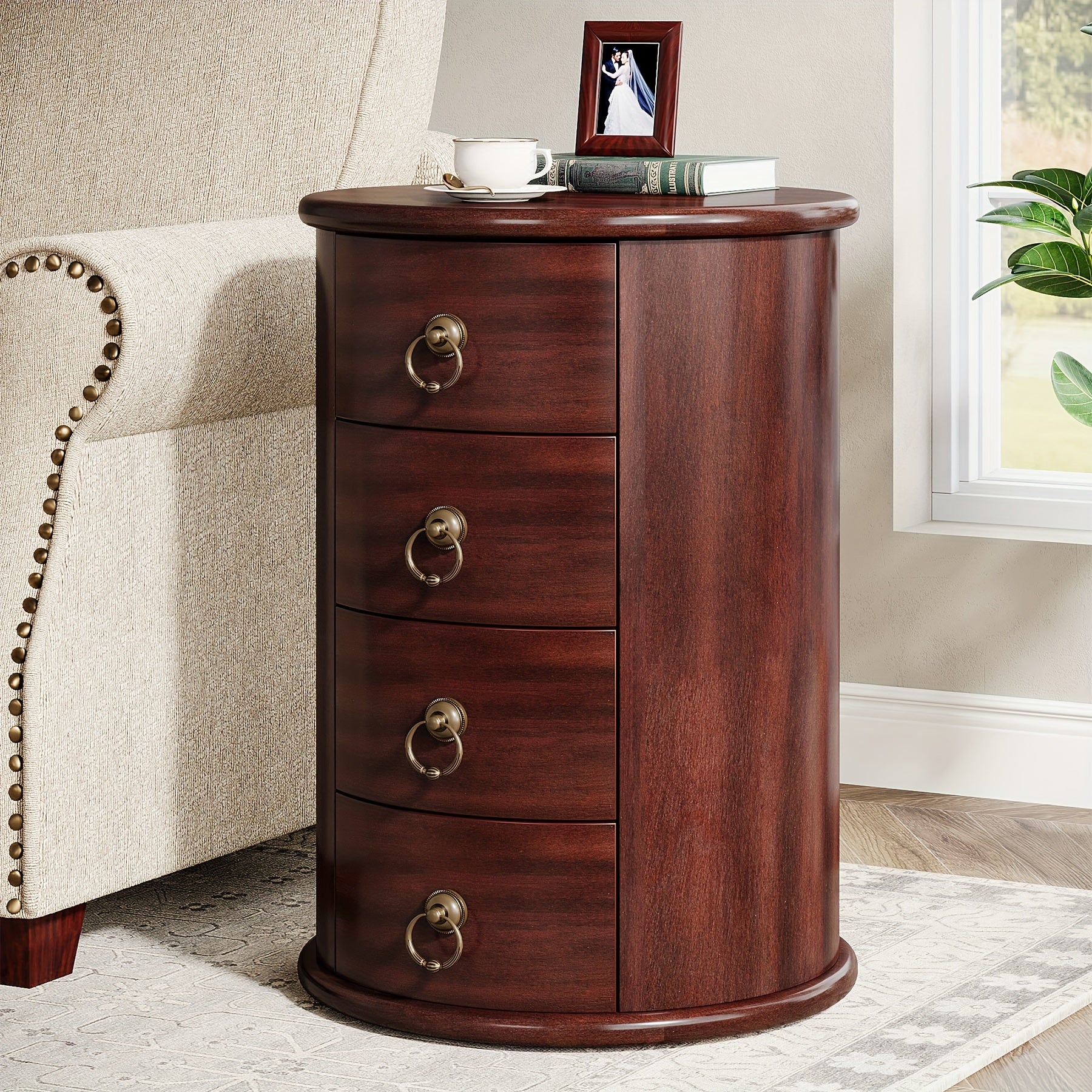 Charming Vintage-Style Solid Wood Round End Table with 4 Drawers - Mid-Century Modern Design, Warm Cherry Brown Finish, Perfect for Small Spaces in Living Room or Bedroom, No Assembly Required