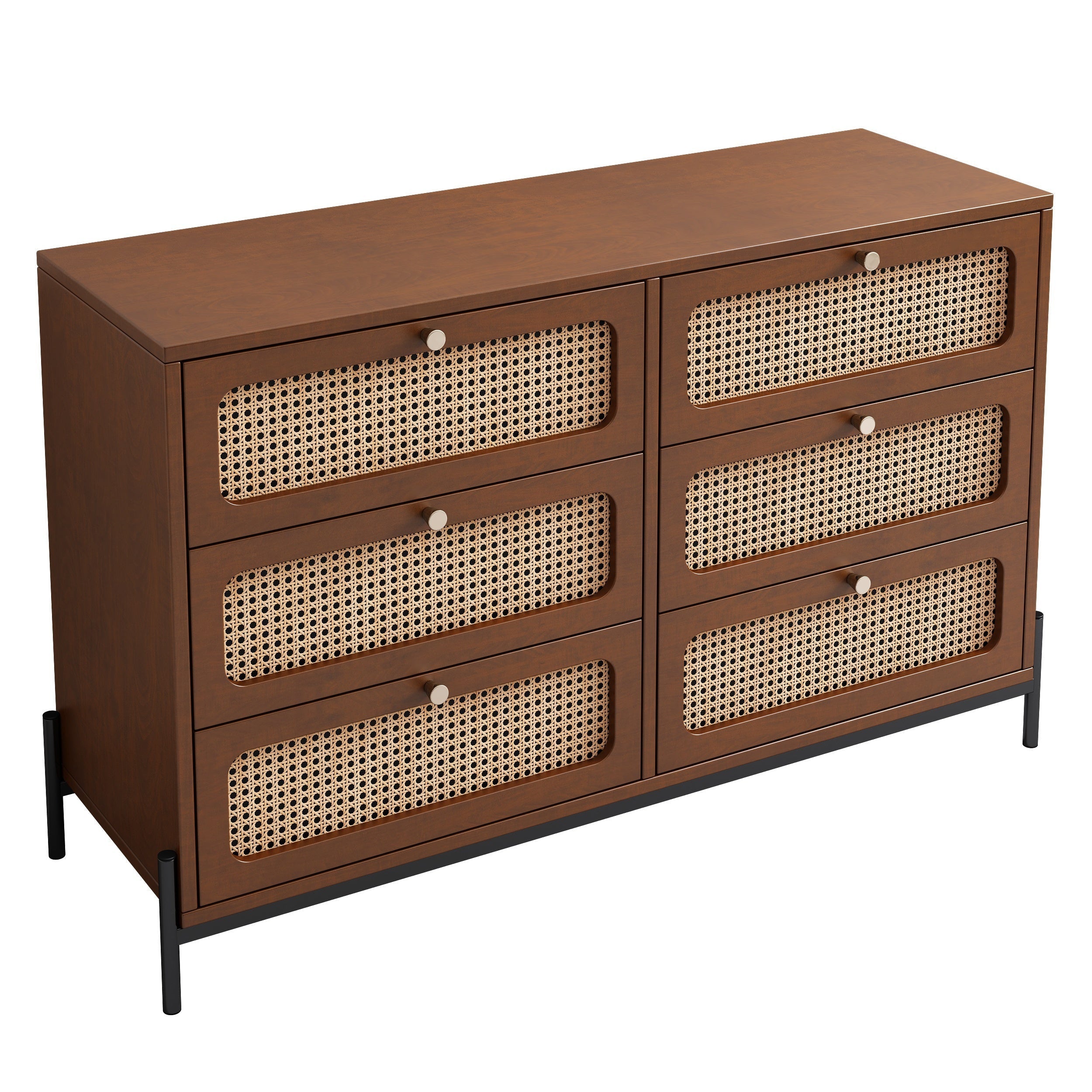 Modern Cannage Rattan Wood Closet 6-Drawer Dresser Wood Storage Cabinet Sideboard for Bedroom, Living Room, Entryway, Hallway