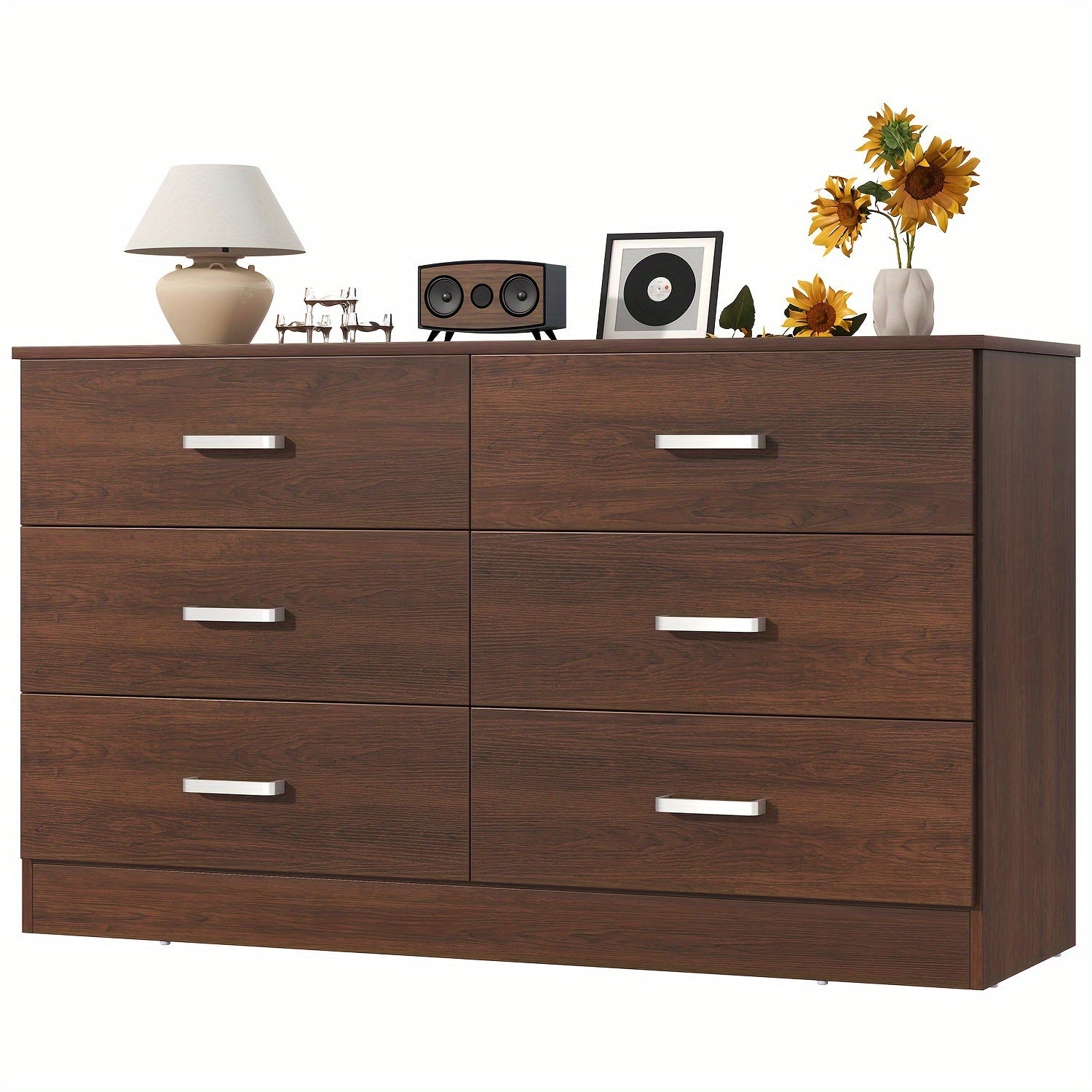 Brown Bedroom Dresser For Bedroom, 6 Drawers Dresser, Large Chest Of Drawers Storage Organizer, Long Dresser TV Stand