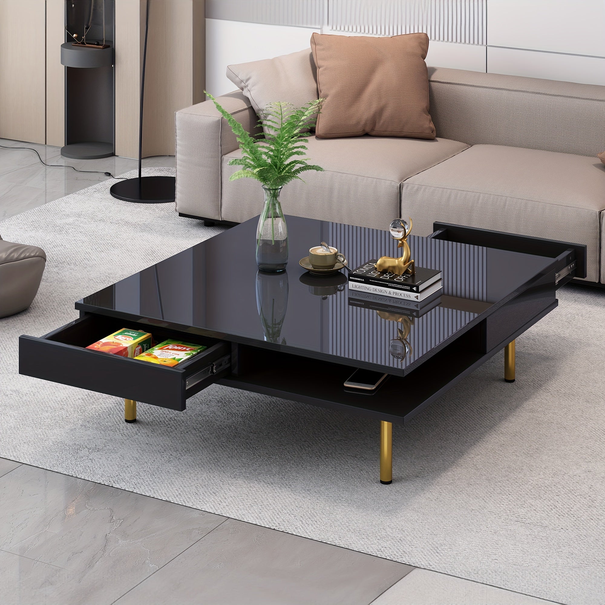 Exquisite High-gloss Glossy Coffee Table With Stylish Modern Design, Square Coffee Table For Living Room With Two Small Hidden Drawers And Open Storage Shelves For Easy Storage Of Various Items Such As Remote Controls, Magazi