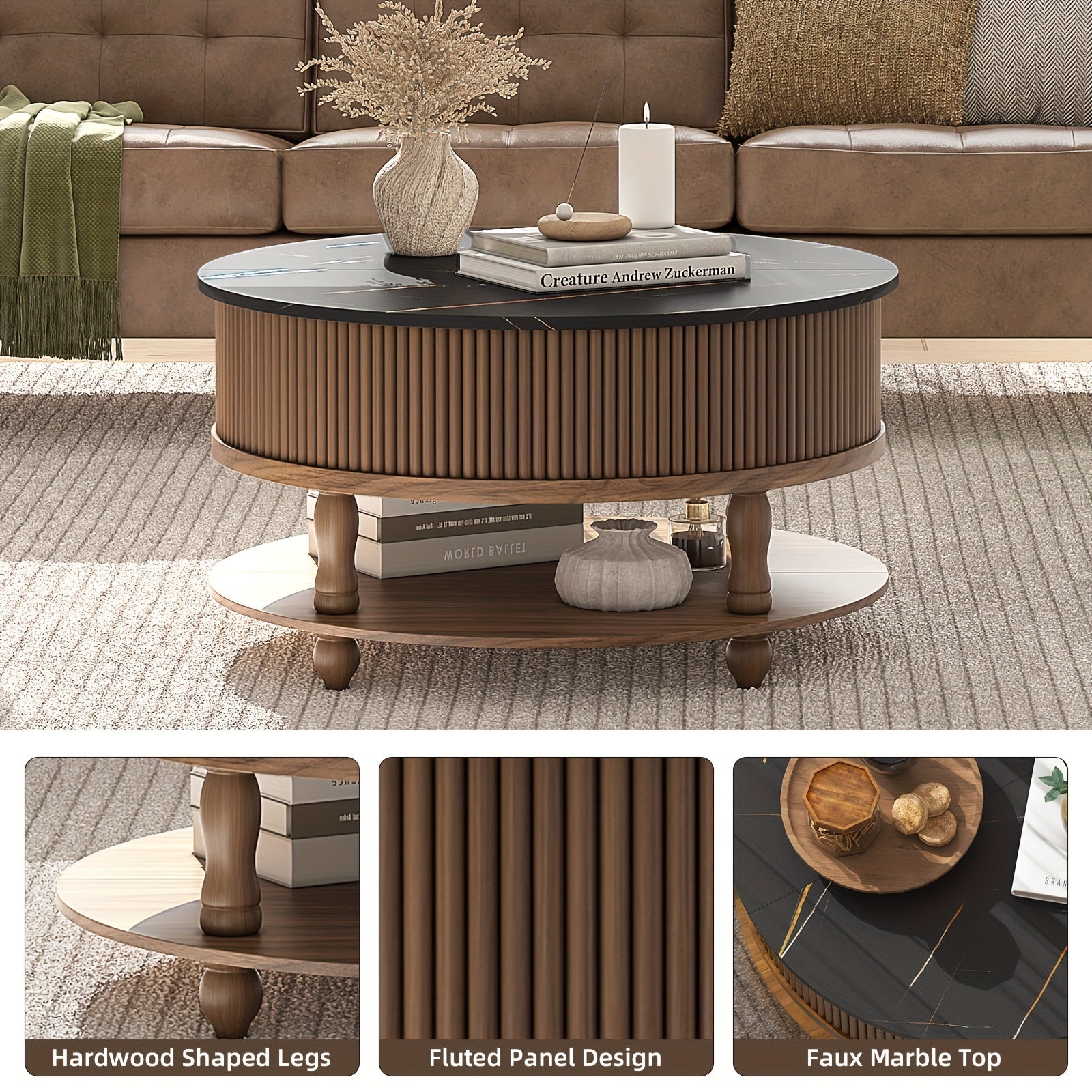 Round Coffee Table with Lifting Top, Mid Century Modern Coffee Table with Storage, Wood Circle Coffee Table for Living Room, 31.5" 2-Tier Small Center Table (Marble + Walnut)