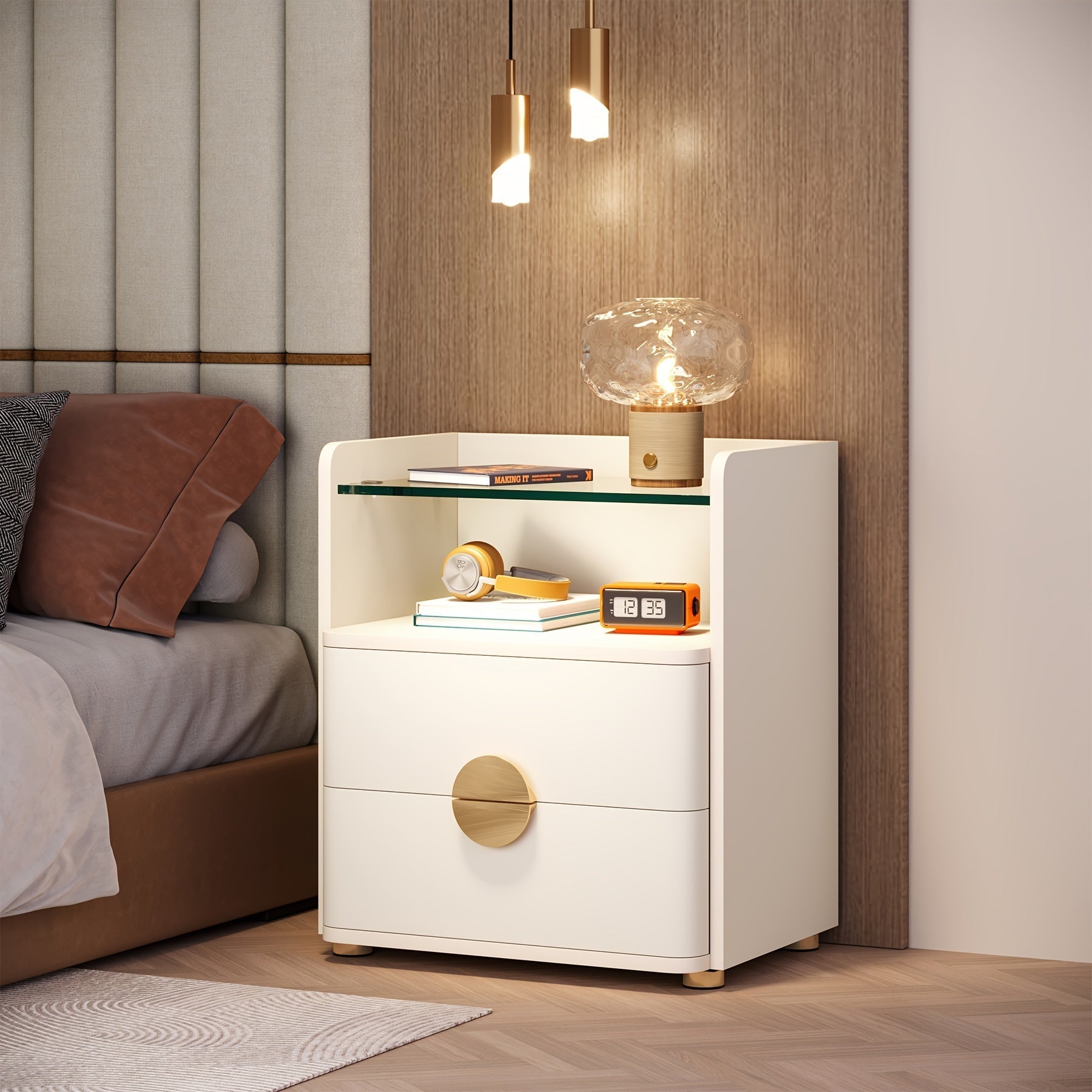 2-Drawer Modern Night Stand With Open Storage Space, Easy Assembly Wood Bed Side Table For Bedroom, End Table With Golden Round Metal Legs For Living Room