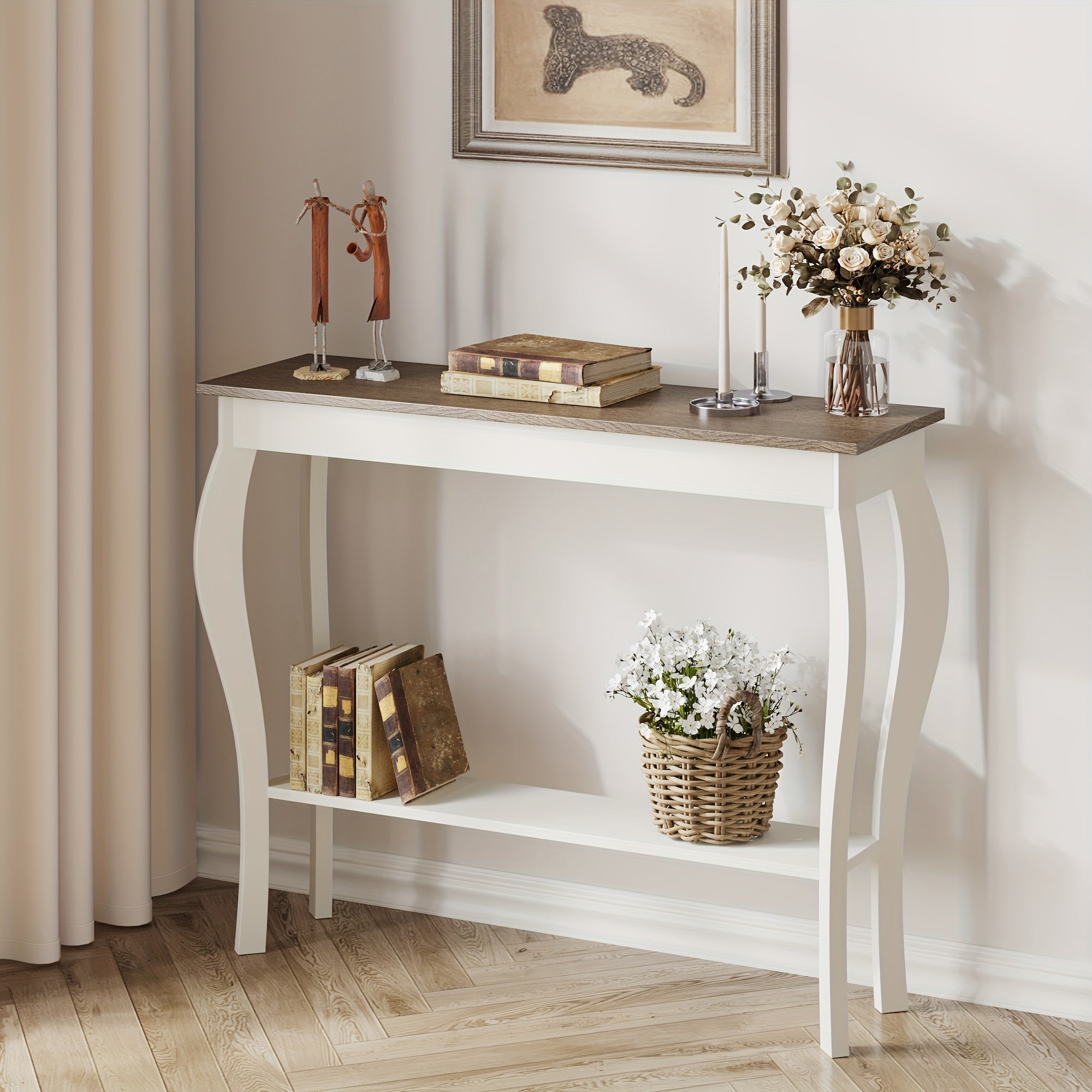 Farmhouse Console Sofa Table with S-Shape Wooden Legs, Chic Accent Narrow Console Table with Sturdy Frame and Open Shelf for Entryway, Living Room, and Hallway, Space-Saving Design, Versatile and Easy to Assemble (Dimensions in cm)