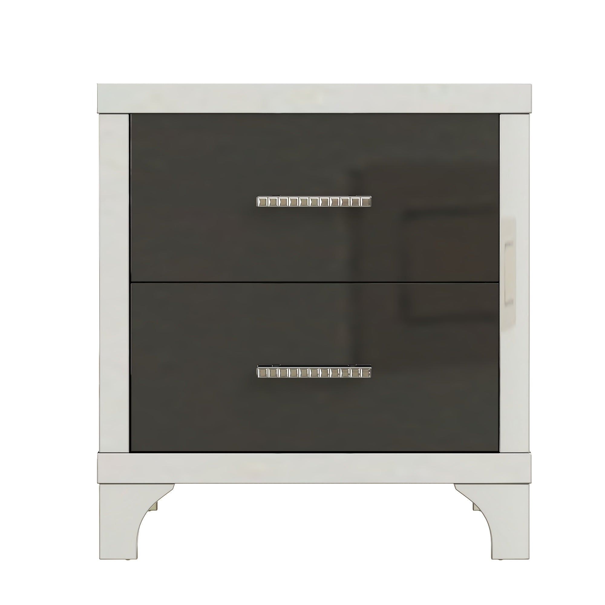 Elegant High Gloss Nightstand With Metal Handle, Mirrored Bedside Table With 2 Drawers For Bedroom, Living Room