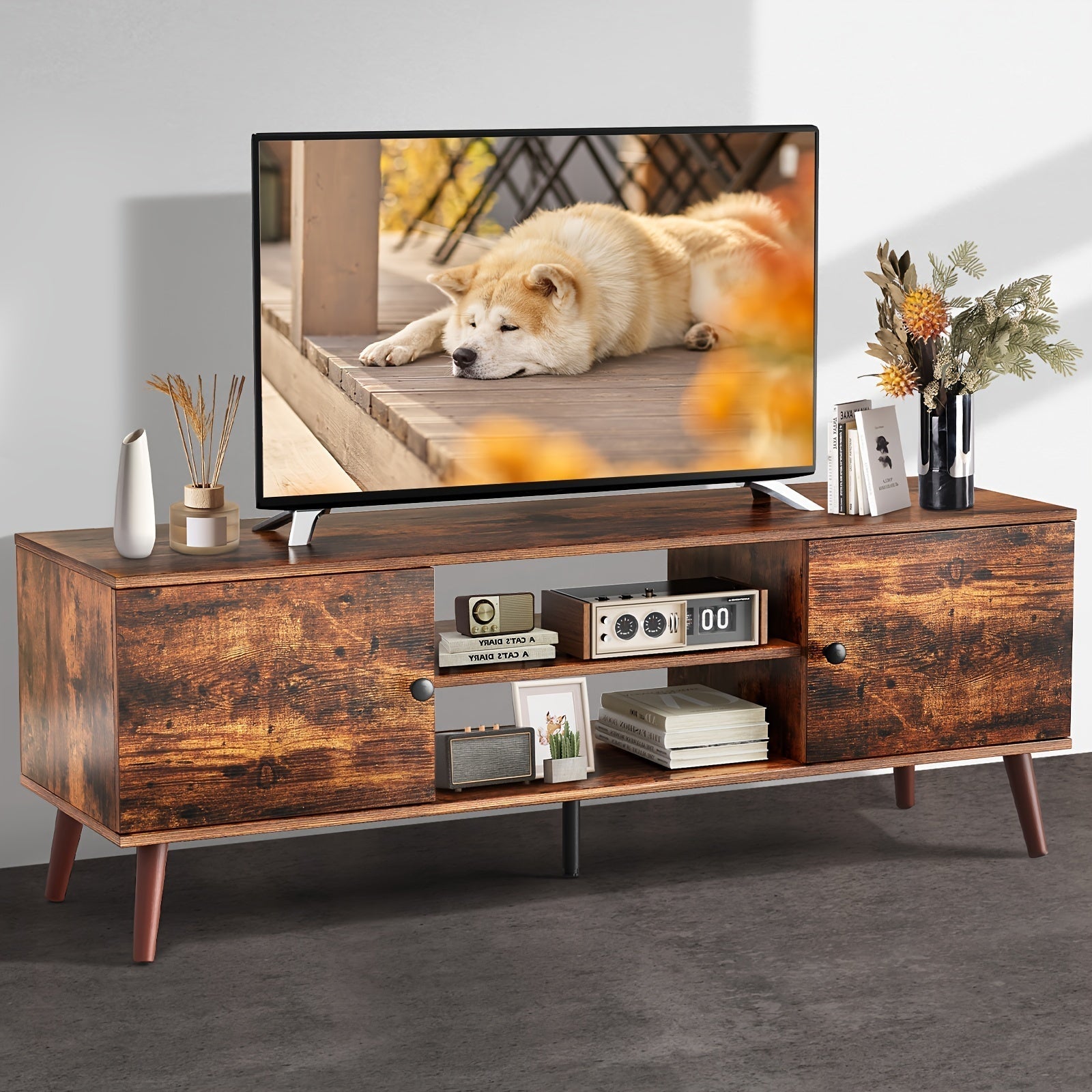 TV Stands For Living Room, Entertainment Center With Storage Cabinet, Media Console Table Stand Up To 152cm For Bedroom, Black/Brown