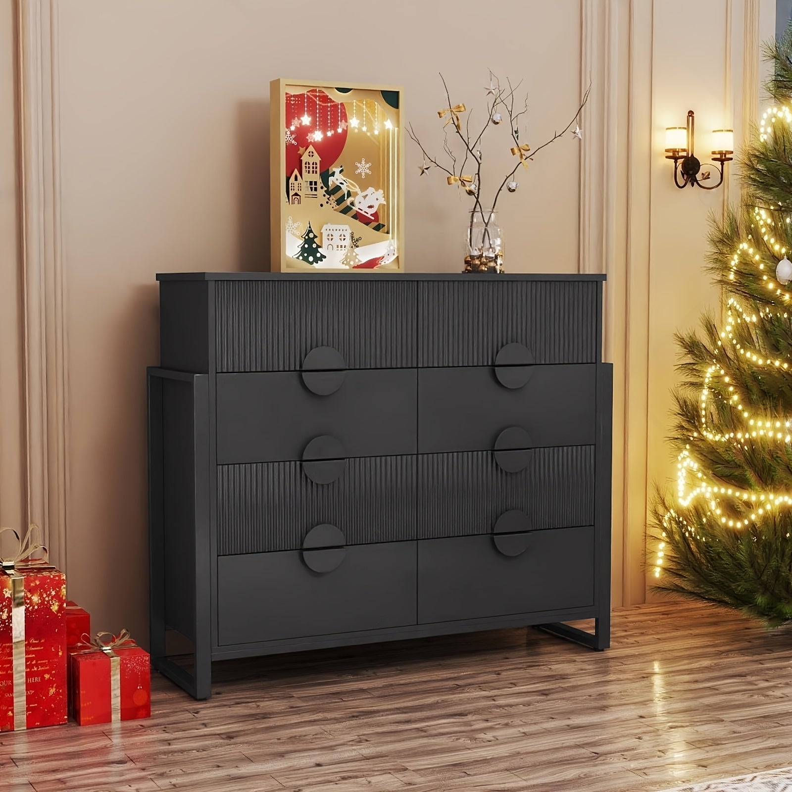 Modern Fluted 8-Drawer Dresser with Metal H Legs and Large Handles, 49.6" Long TV Stand, Suitable for Bedroom, Living Room, Hallway - Hardwood and MDF Construction, Tall Dresser for Bedroom