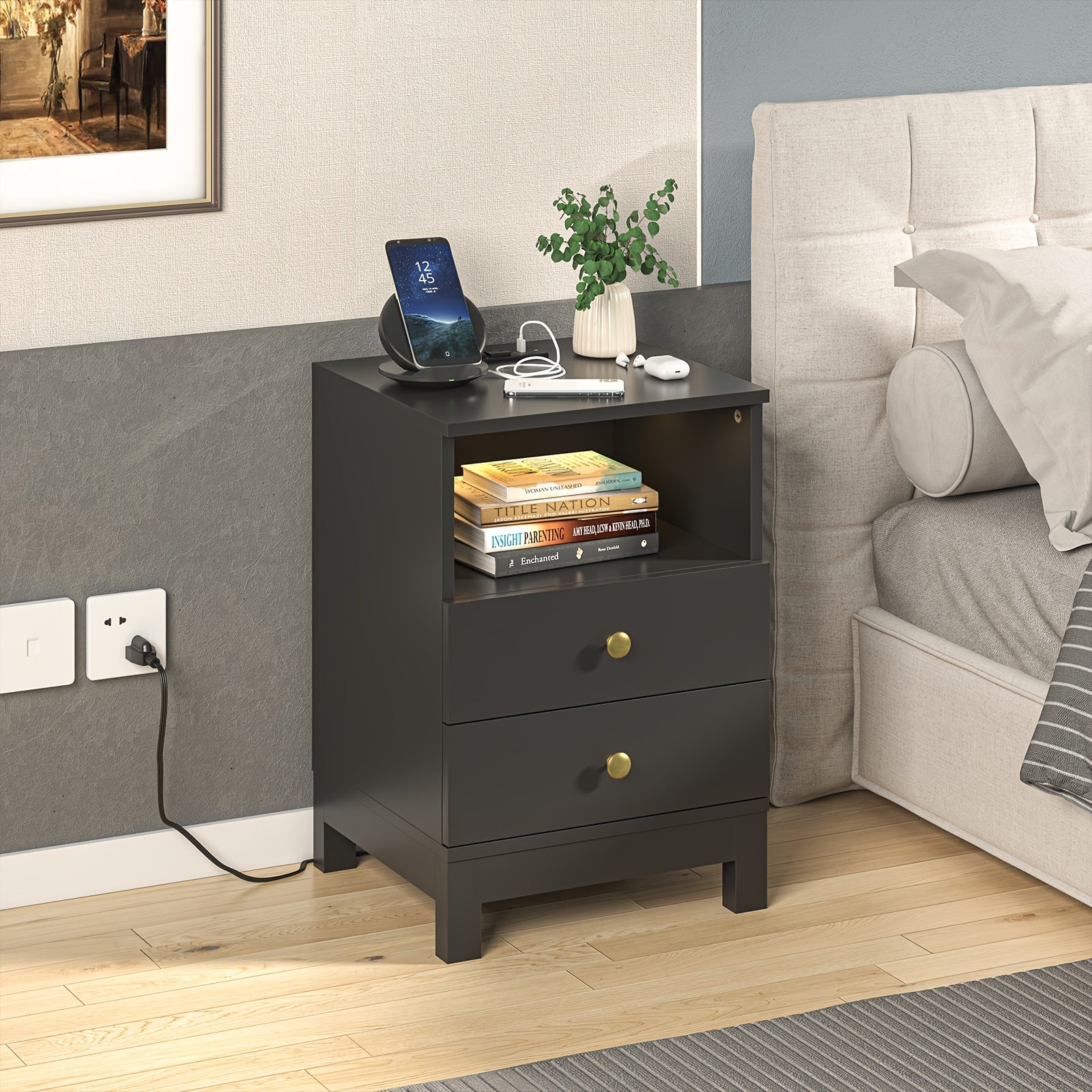 Nightstand with Charging Station, Bedside Table with USB & Type-C Port