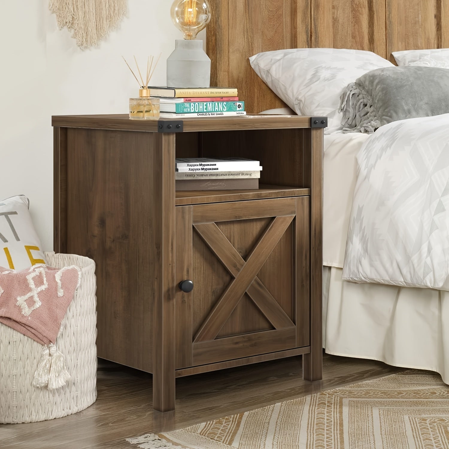 Farmhouse Nightstand, Side Table, End Table With Barn Door And Shelf, Rustic Modern Bed Night Stand For Bedroom Living Room Locker, White Grey Oak For Lab