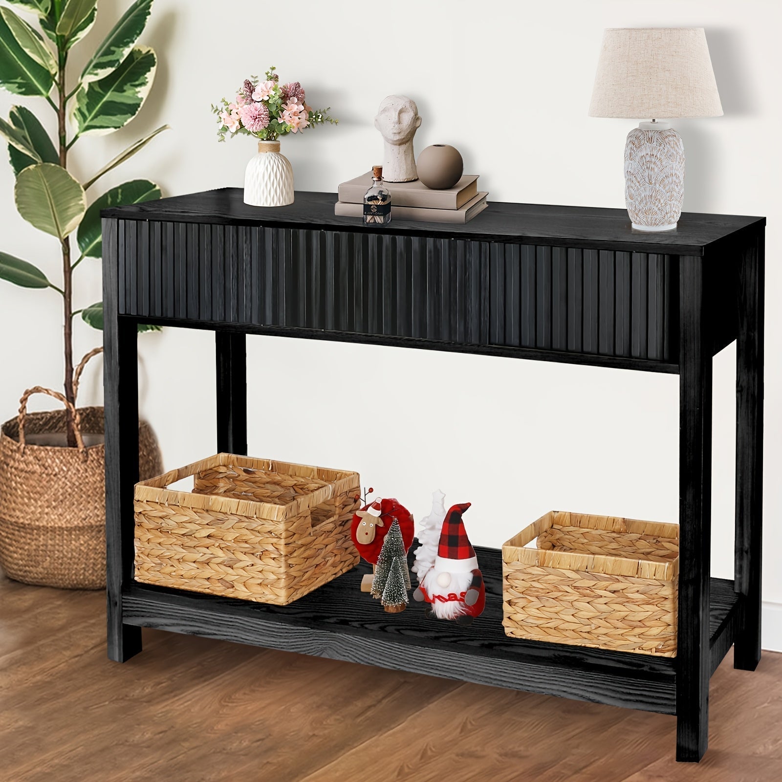 Long Console Table with Storage, Fluted Entryway Table, Slim Sofa Table Behind Couch Entry Table, Narrow Wood Hallway Table, Modern Living Room Couch Table, Black Foyer Entrance Table (in cm)