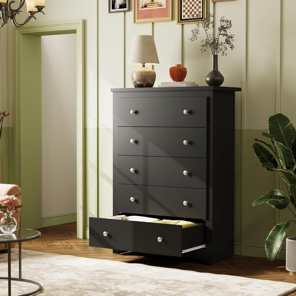 Black Wooden Dresser with 5 Drawers - Versatile Organizer for Bedroom, Living Room, or Hallway, Measuring 15.7" W x 31.4" D x 45.3" H