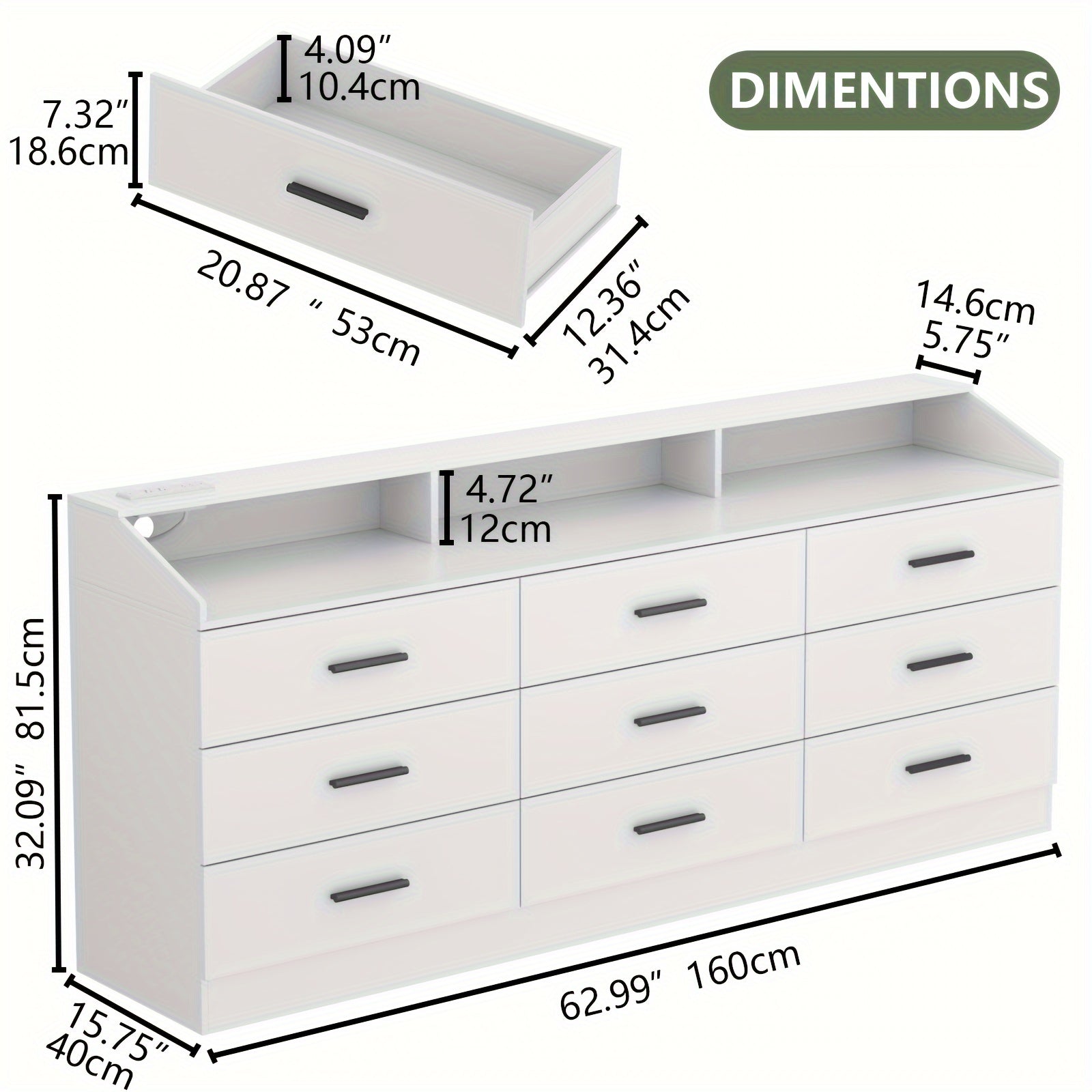 White/ Black Dresser For Bedroom, 9 Drawers Dresser With Power Outlet, Chest Of Drawers For Closet, Modern Dresser With Open Storage Cubby, Drawer Dresser Organizer For Bedroom, Living Room, Entryway, Hallway