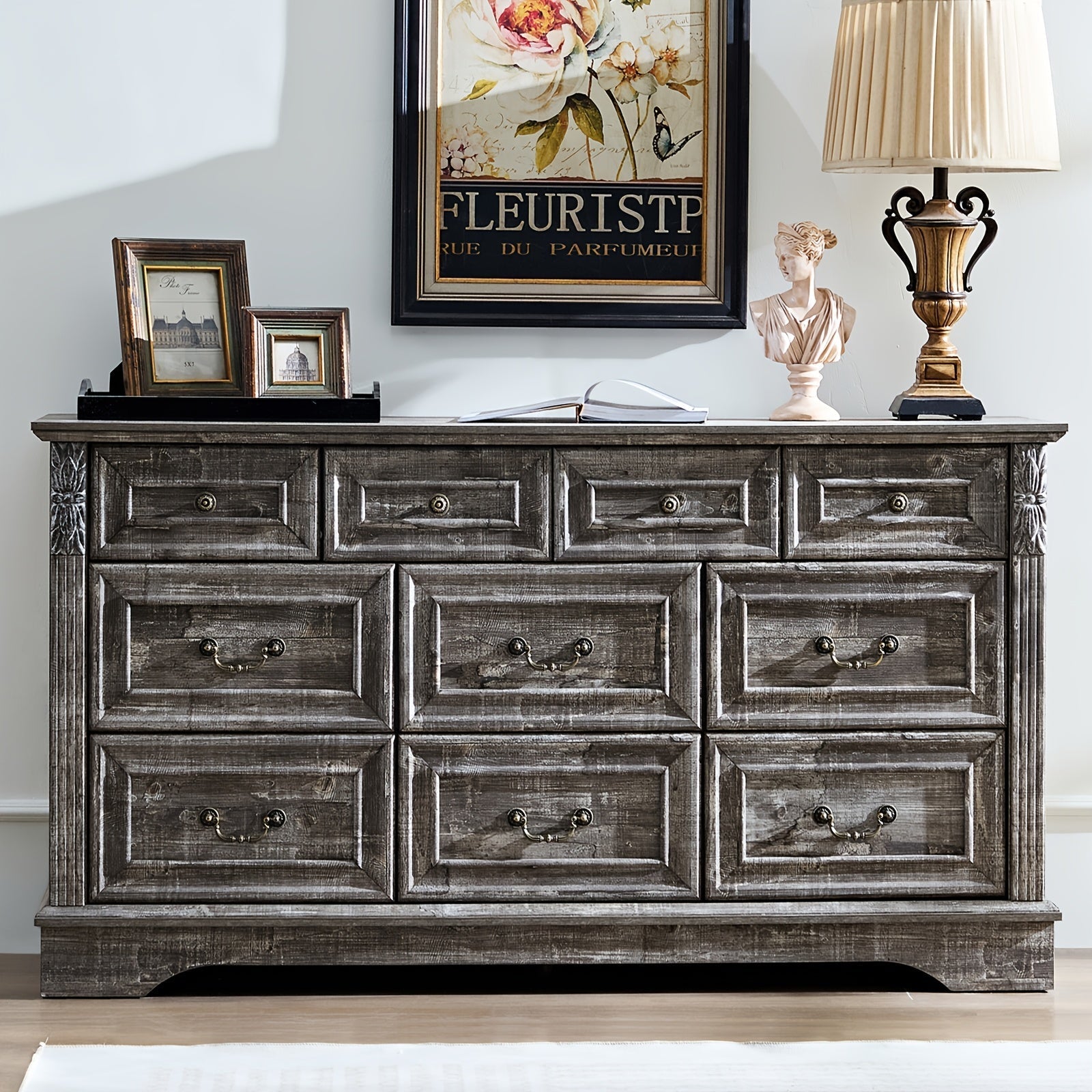 Farmhouse Dresser For Bedroom, 138cm Wide 7 Drawers Dresser, Wood Dresser For Bedroom, Grey 10 Chest Of Drawers With Thickened Wood Carving For Closet, Hallway