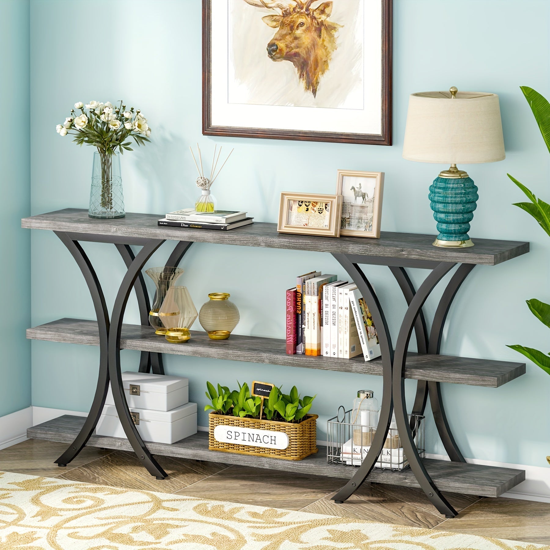 180 cm Narrow Console Table, Long Sofa Table Entry Table with 3 Tier Storage Shelves for Entryway Hallway Living Room