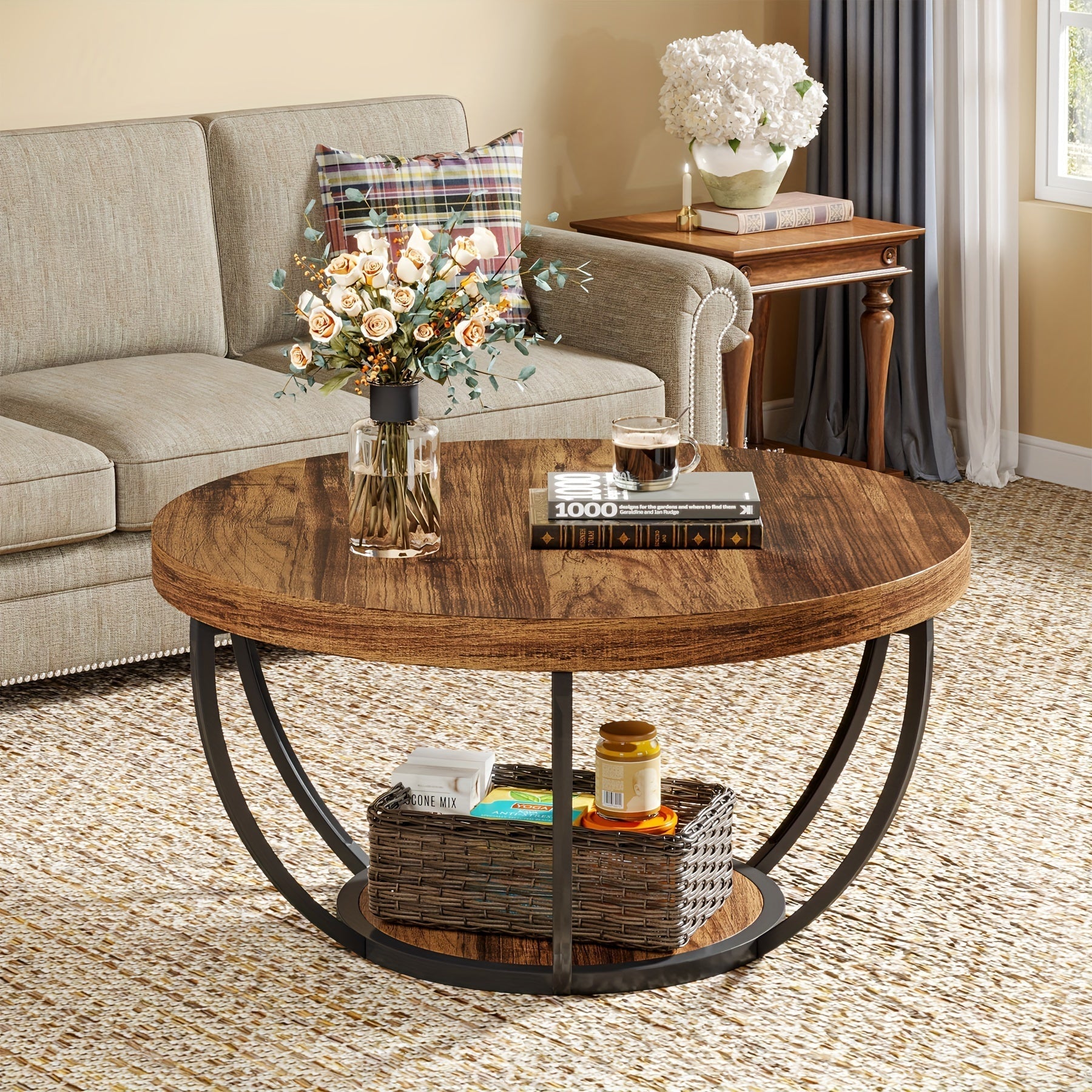 81cm Round Coffee Table, 2-Tier Circle Faux Marble Coffee Tables, Metal Legs Accent Center Table With Open Storage, Modern Design Home Furniture For Living Room