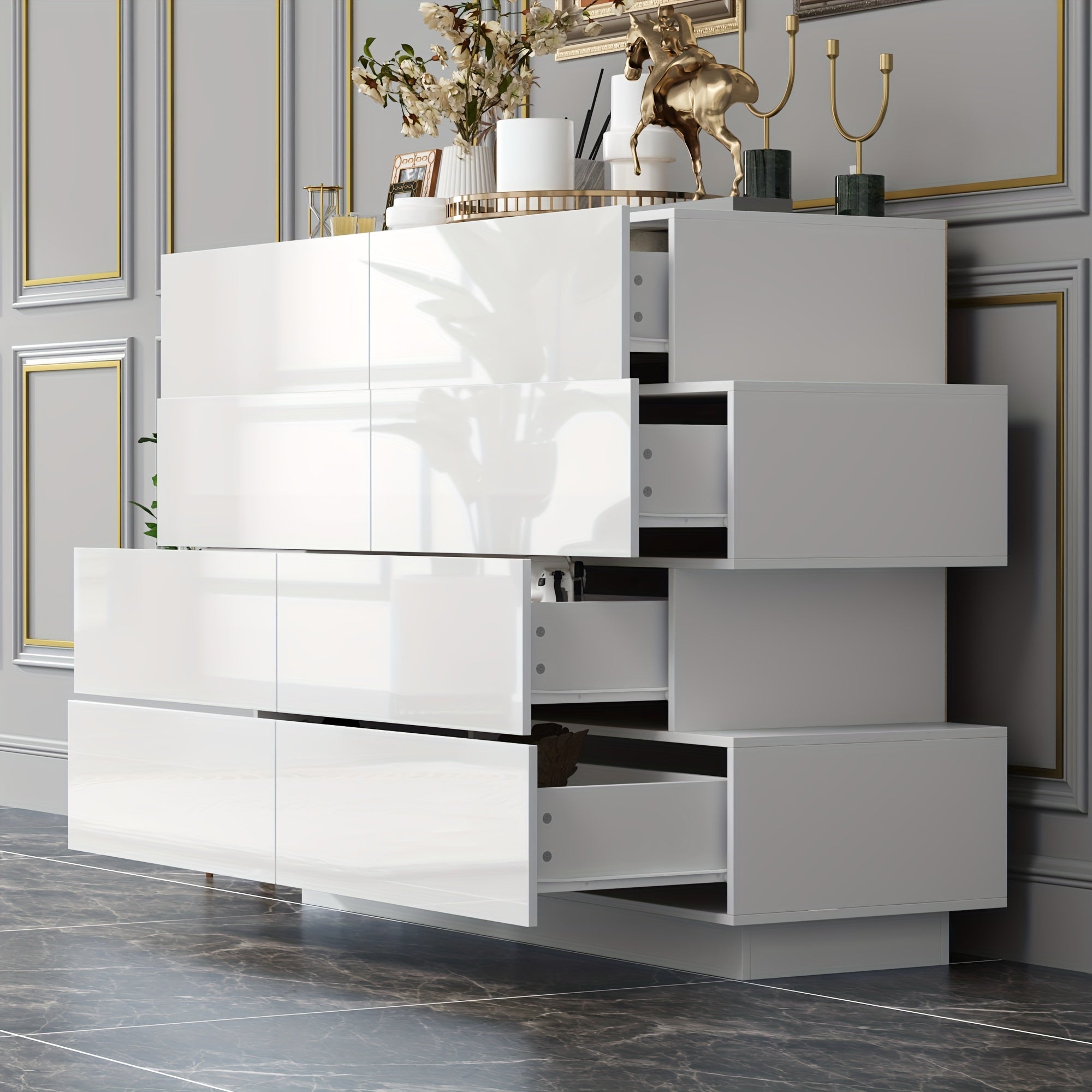 Modern Glossy Drawer Cabinet Storage Cabinet With 8 Drawers, Asymmetrical Design, Fashionable And Minimalist Design, Large Storage Capacity, White