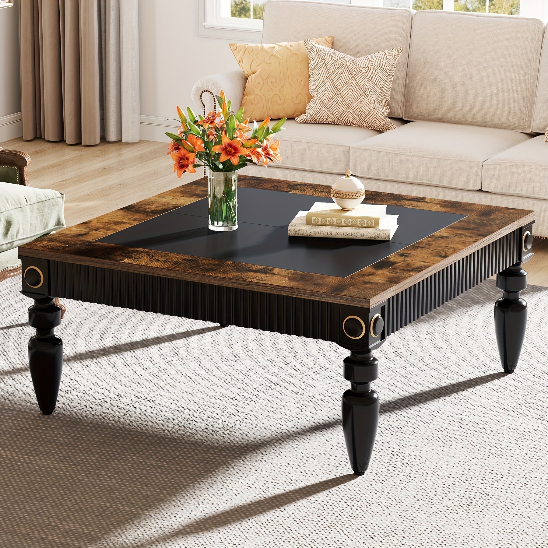 Square Coffee Table, 109cm Farmhouse Center Table With Solid Wood Legs, Rustic Wood Cocktail Table For Living Room