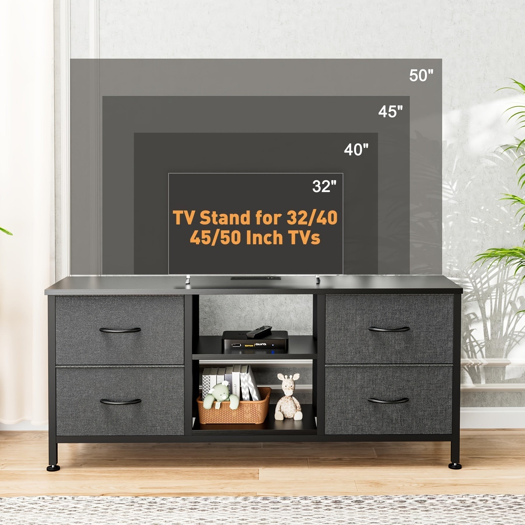 Dresser TV Stand With Power Outlet For 127cm TV, Long Dresser For Bedroom With 4 Fabric Drawers, Wide Console Table For Storage In Closet Living Room Entryway, Wood Top