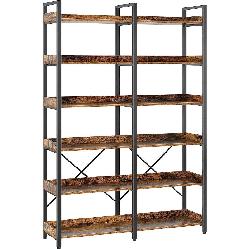 Bookshelf 6 Tier with 4 Hooks, 69 Industrial Wooden Bookcase, Vintage Storage Rack with Open Shelves, Rustic Standing Bookshelves Metal Frame 47.3 Wide Display Rack