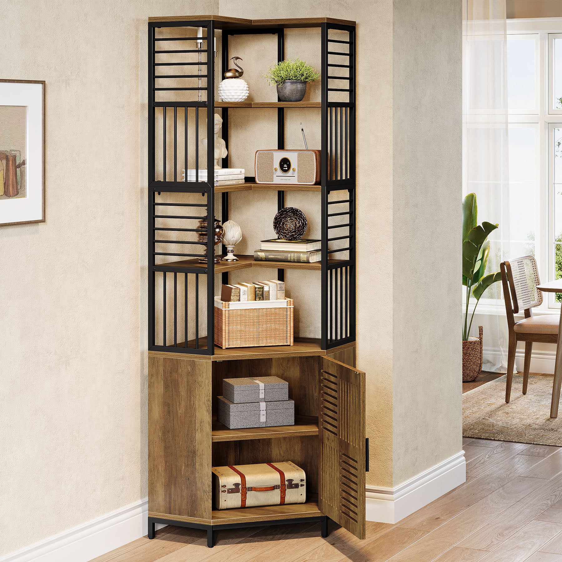 195 cm Corner Shelf, Industrial Bookshelf Display Shelving Unit Storage Cabinet