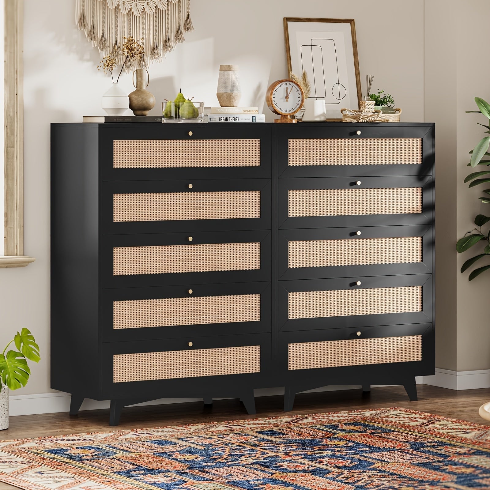 Rattan Vanity Dresser For Bedroom, 5 Drawer Dresser With Natural Rattan Drawers, Wooden Tall Dresser With Golden Handles, Modern Closet Dressers Chest Of Drawers For Nursery Entryway Living Room