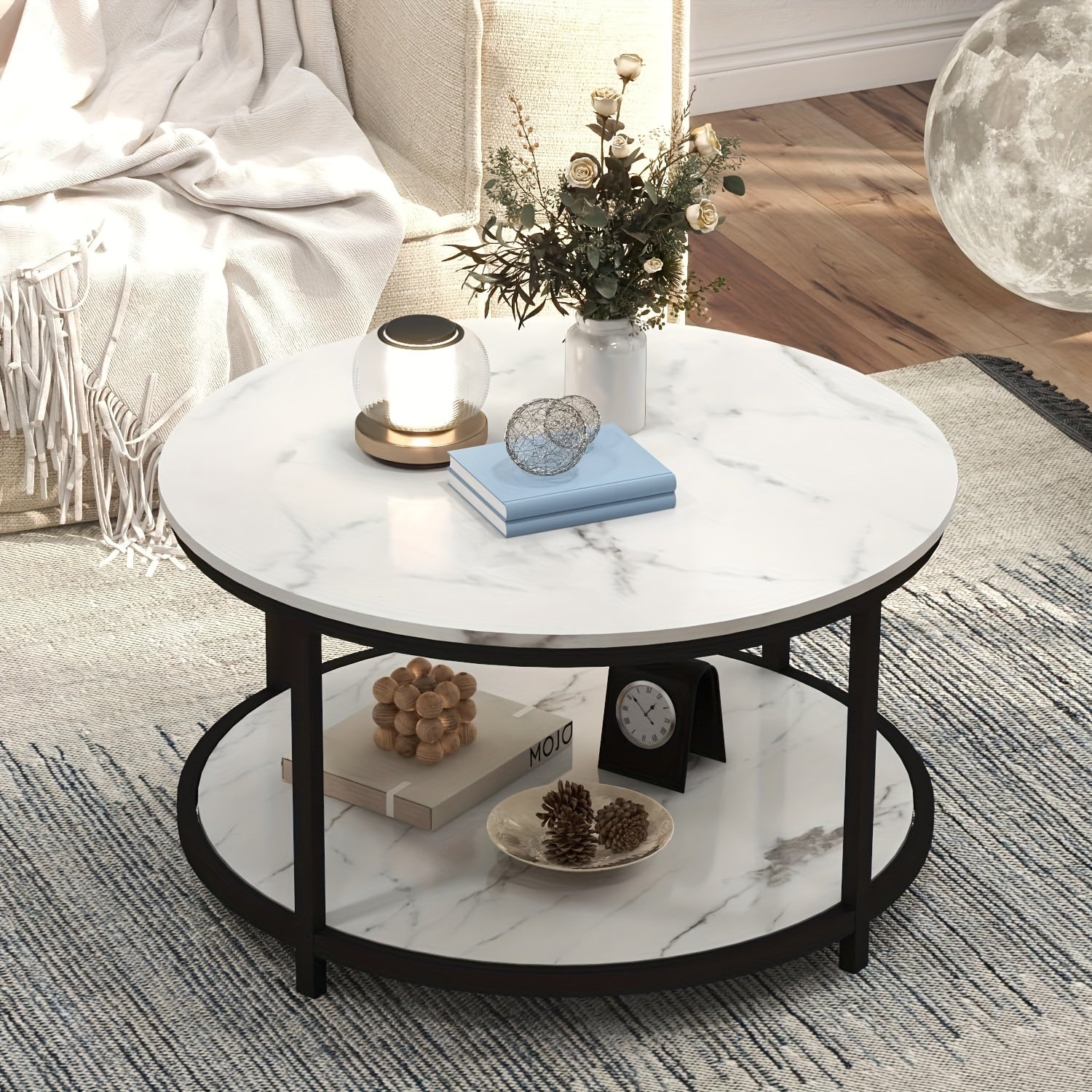 Round Coffee Table, 85cm Coffee Table For Living Room With 2-Tier Storage Shelf, Modern Wood Desktop Open Storage Compartment For Bedroom Home Office (White)