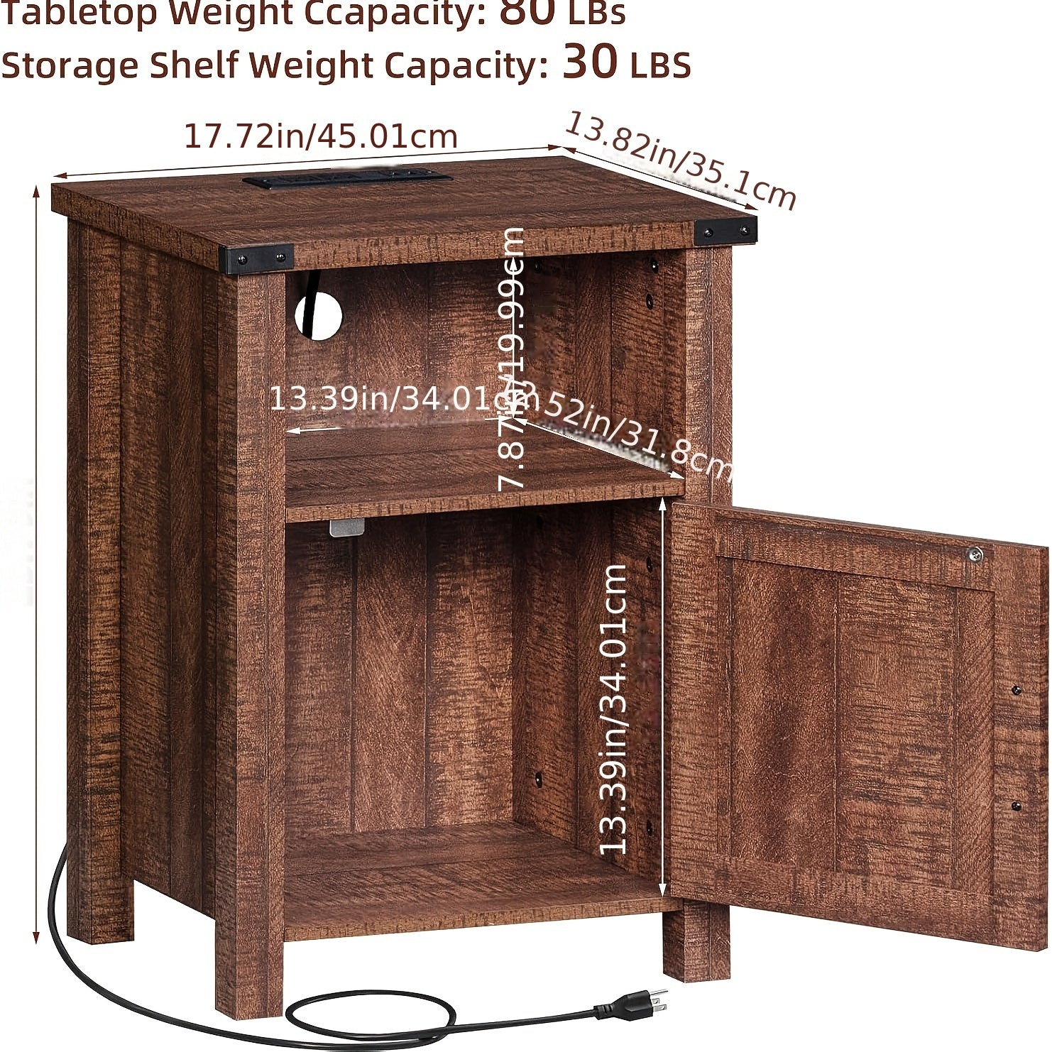 Rustic Farmhouse Nightstand with Built-In Charging Station & USB Ports - Spacious Storage Shelf, Magnetic Door, and Durable Wood Construction for Bedroom