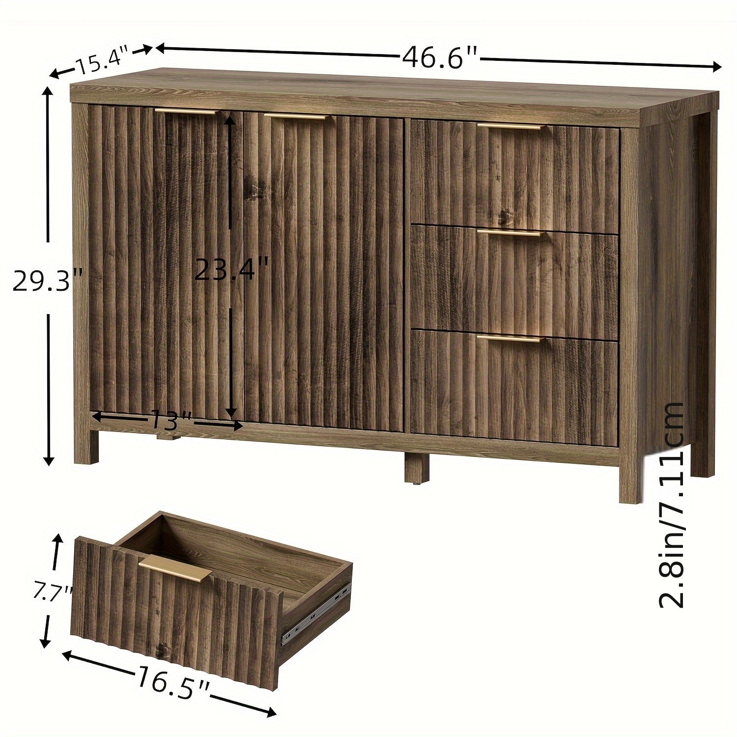 Fluted Drawers CabinetDresser, Dresser TV Stand With 3 Drawers And Shelves, Rectangular Design, For Bedroom, Living Room, Hallway