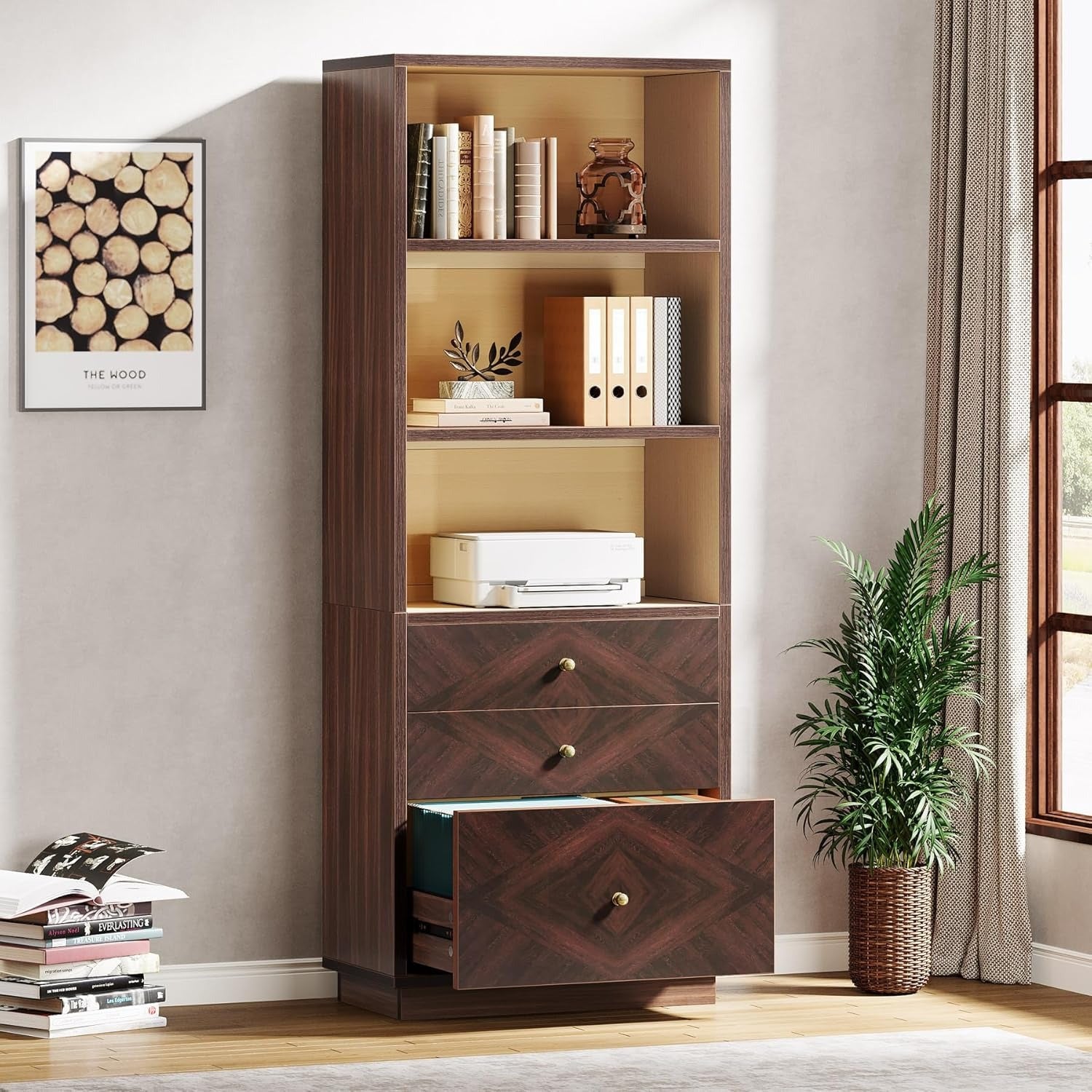 4-Shelf Bookcase with File Cabinet Drawer, 167cm Tall Bookshelf with Storage, Vintage Free-Standing Wood Bookcase, Large Open Display Storage Book Shelf for Home Office, Walnut + Brown