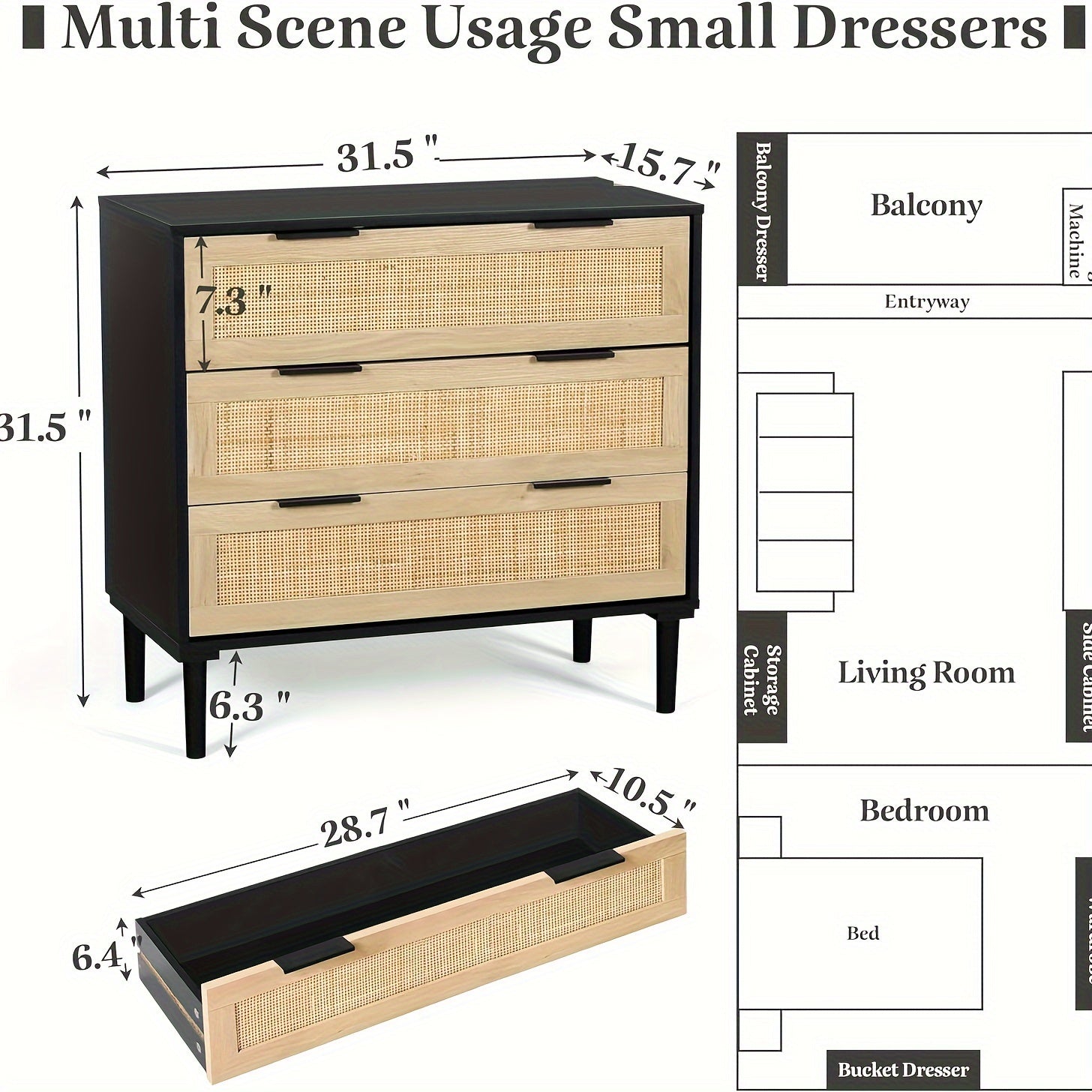 3-Drawer Modern Rattan Chest Of Drawers, Bedroom Dresser, Versatile Storage Cabinet For Lab, Living Room, Entryway