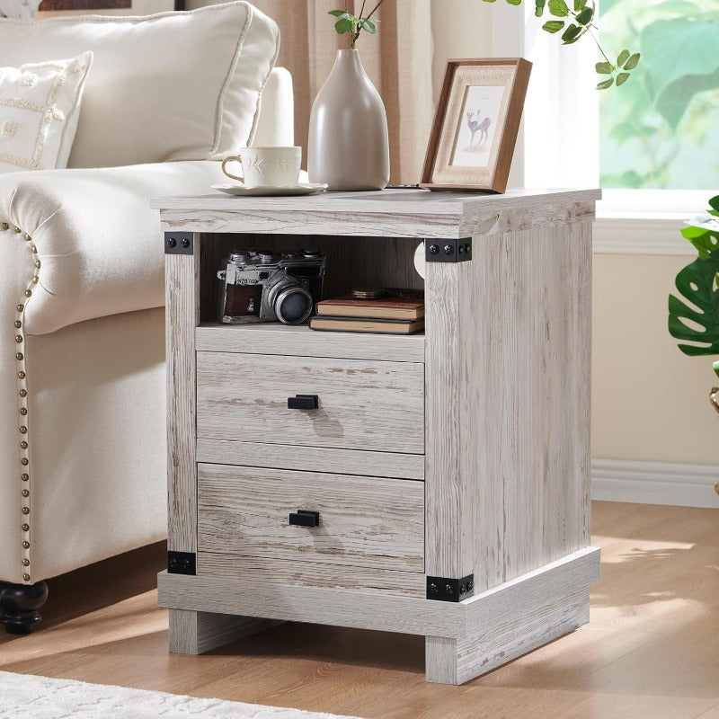 Rustic Farmhouse Nightstand with Charging Station - 18" Wood End Table with 2 Storage Drawers, Ideal for Bedroom & Living Room