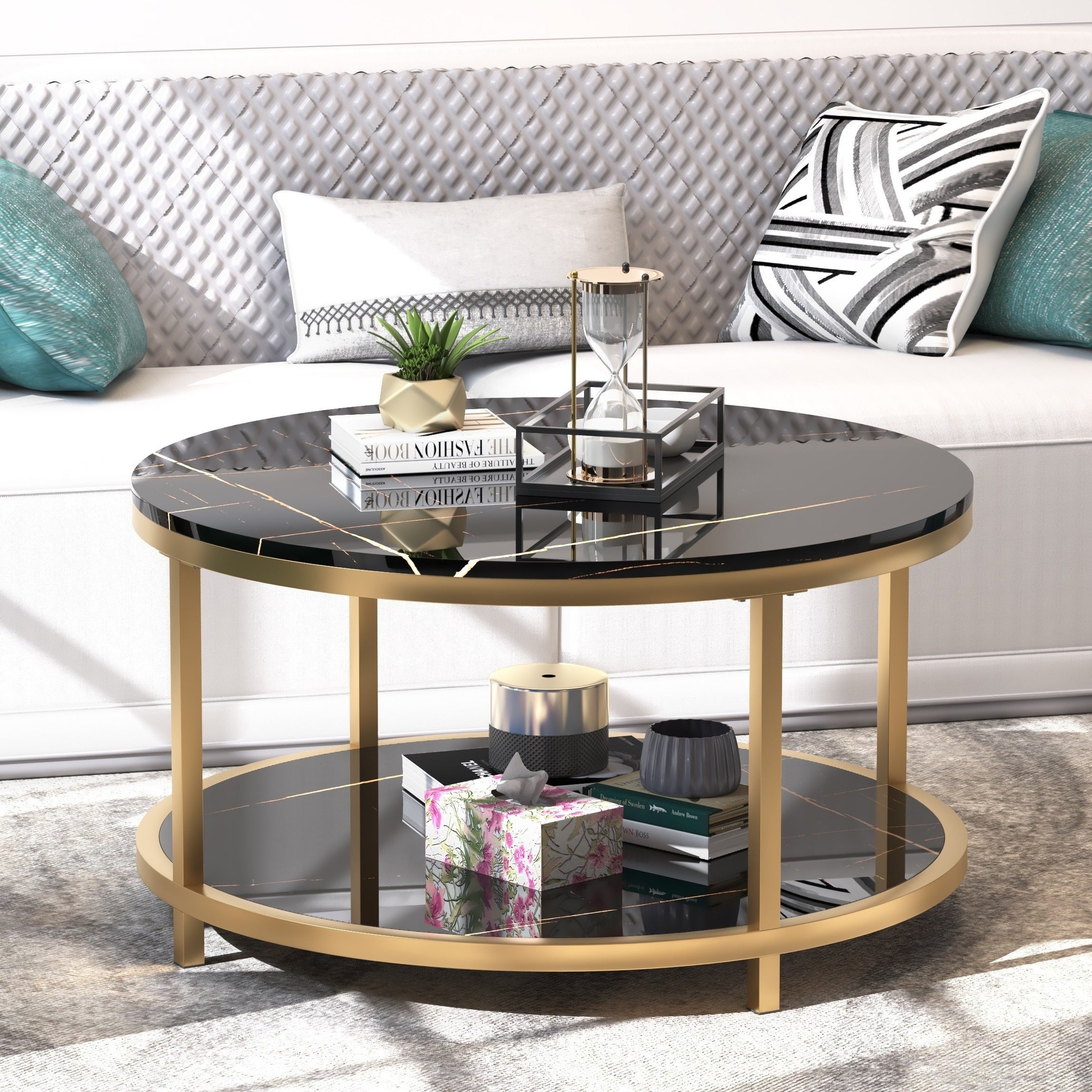 Round Coffee Table 86cm Coffee Tables for Living Room High Glossy Faux Balck Marble Top Modern Circle Table Sturdy Golden Metal Frame Legs Cocktail Table with Storage Open Shelf