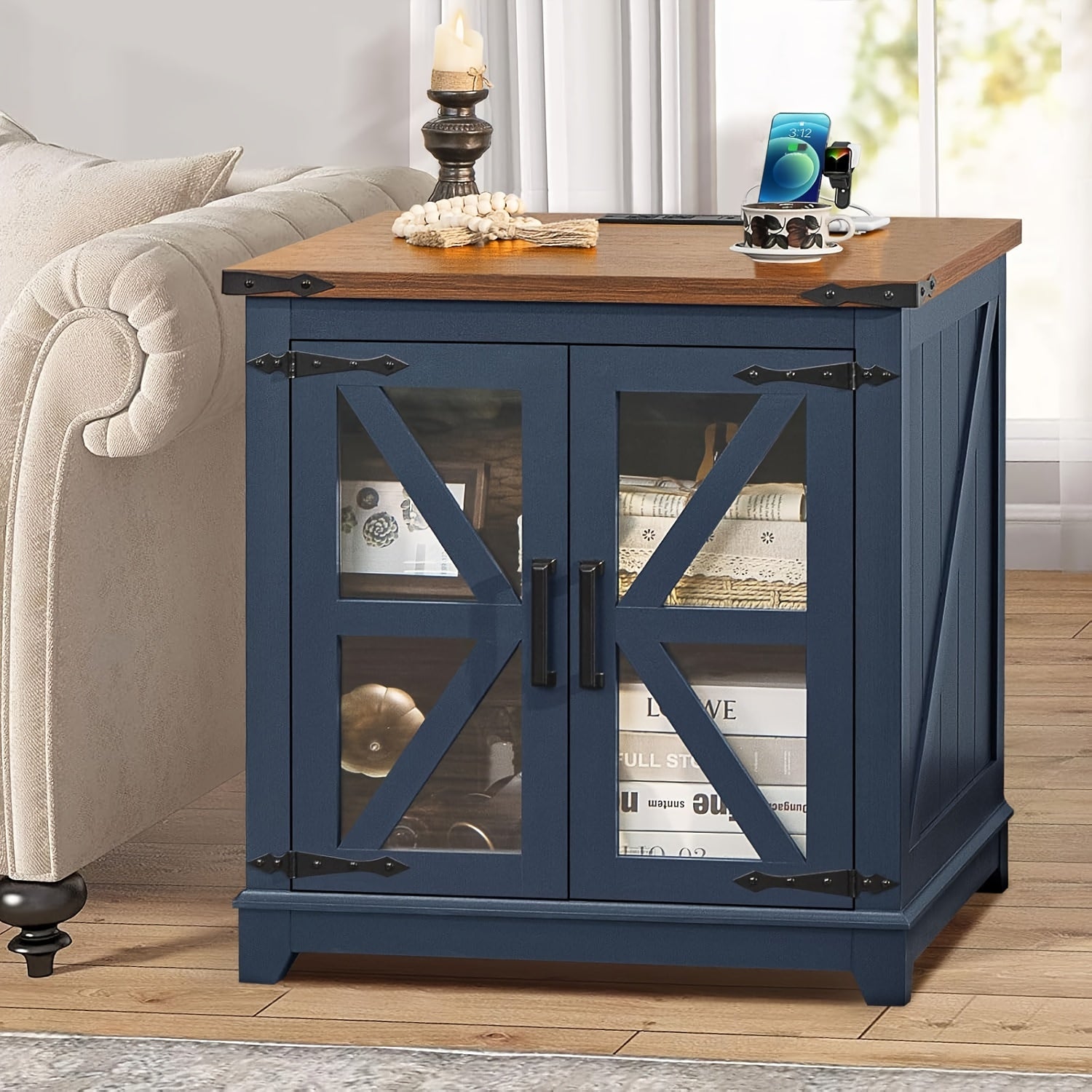 Farmhouse End Table, 60cm Large Sofa Side Table With Charging Station Glass Barn Door, Wood Nightstand With Adjustable Storage Shelf, Square Bedside Table For Living Room, Bedroom, Office-Blue