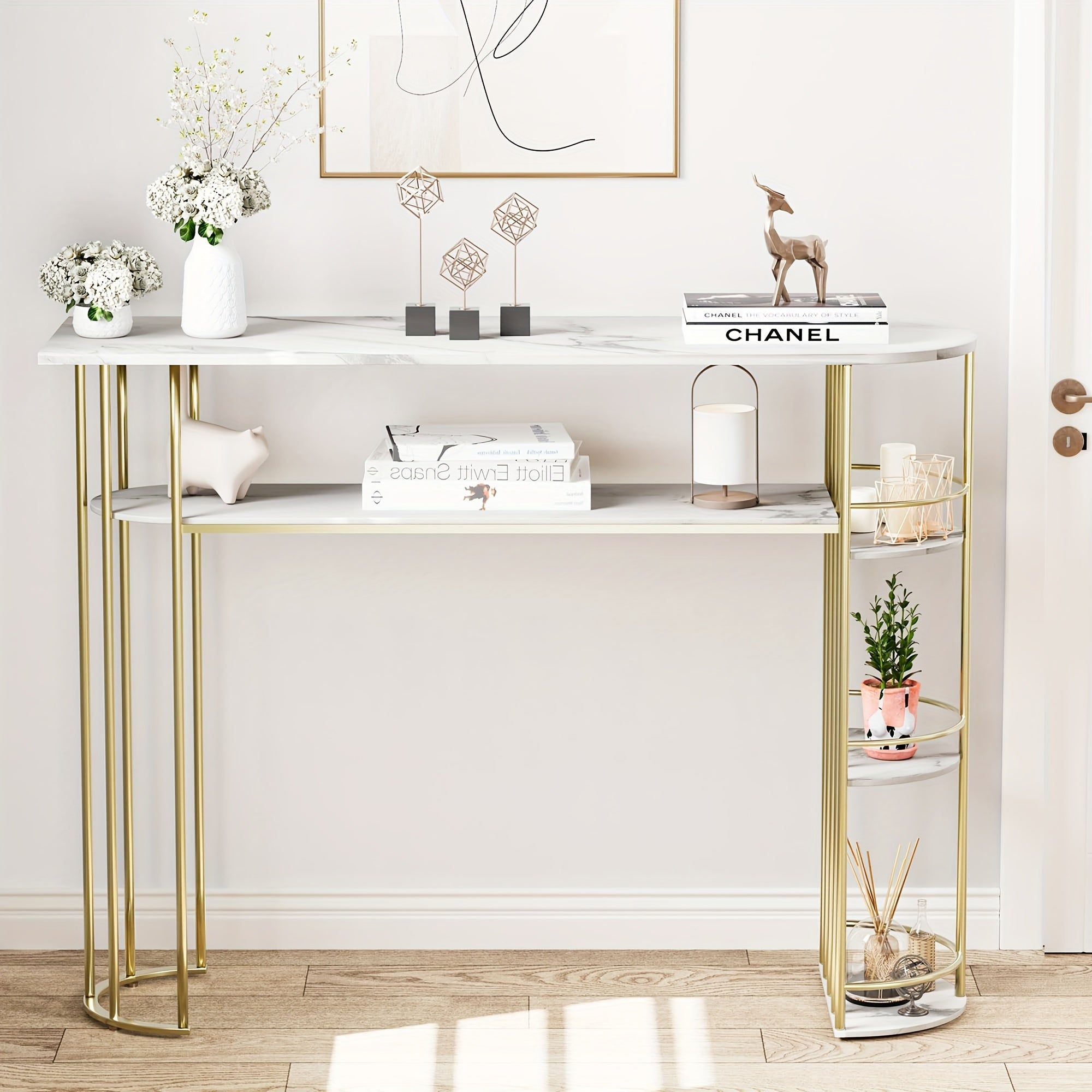 Gold Console Table, Narrow Entryway Table With Storage And Shelves, 110.5 cm Behind Couch Table For Living Room, Foyer, Or Bedroom